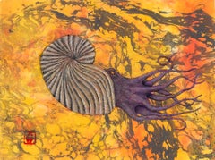 Caída de la amonita - Pintura en tinta sumi estilo gyotaku sobre papel de morera