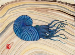 Blue Saphire Ammonite - Gyotaku Style Sumi Ink Painting on Mulberry Paper
