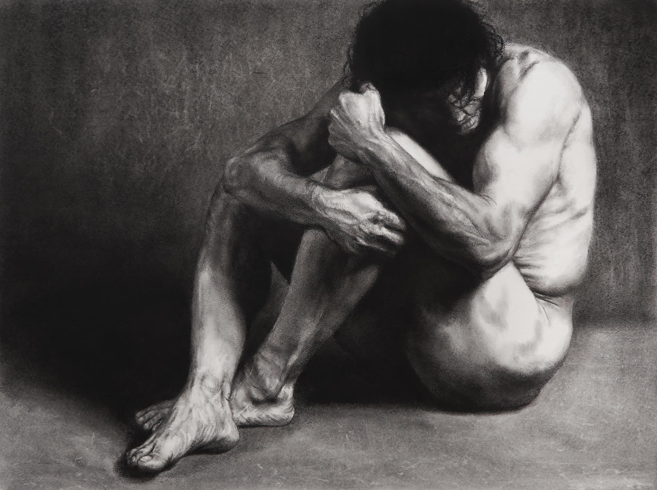 Haven - Original Charcoal on Paper Nude Figure Drawing, Gold Frame