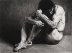 Haven - Original Charcoal on Paper Nude Figure Drawing, Gold Frame