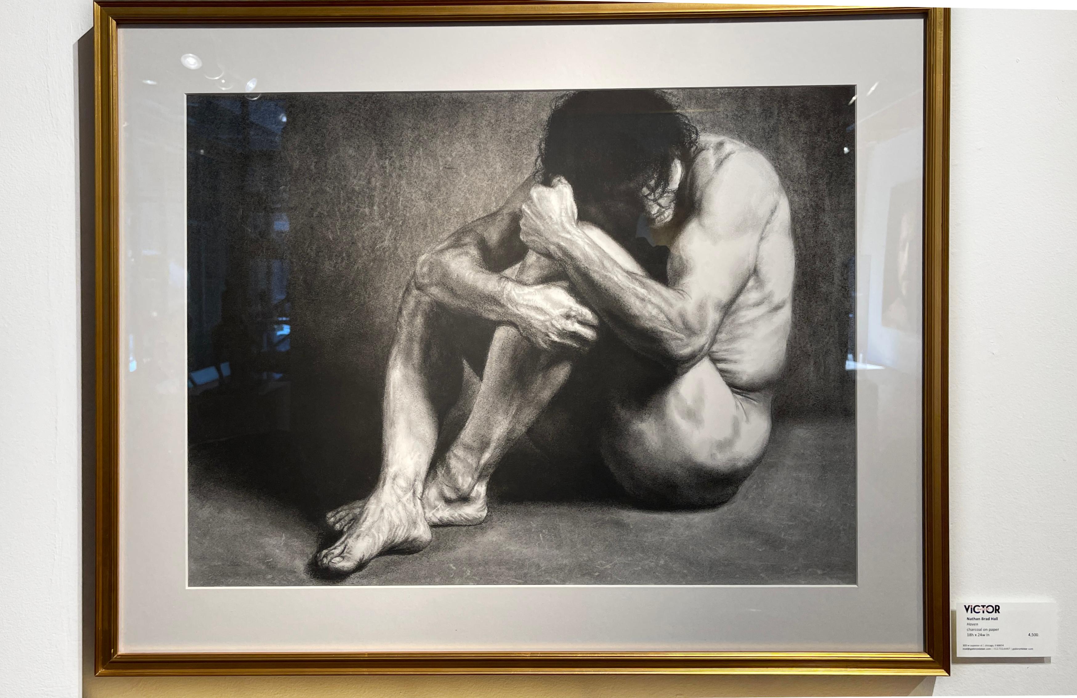 Haven - Original Charcoal on Paper Nude Figure Drawing, Gold Frame im Angebot 2