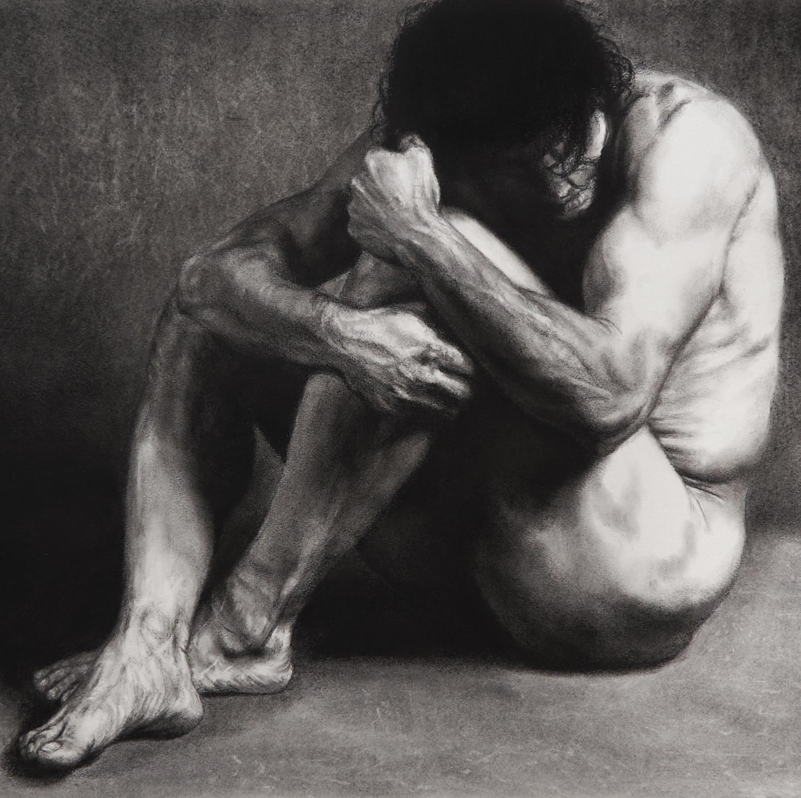 Haven - Original Charcoal on Paper Nude Figure Drawing, Gold Frame (Realismus), Art, von Nathan Brad Hall