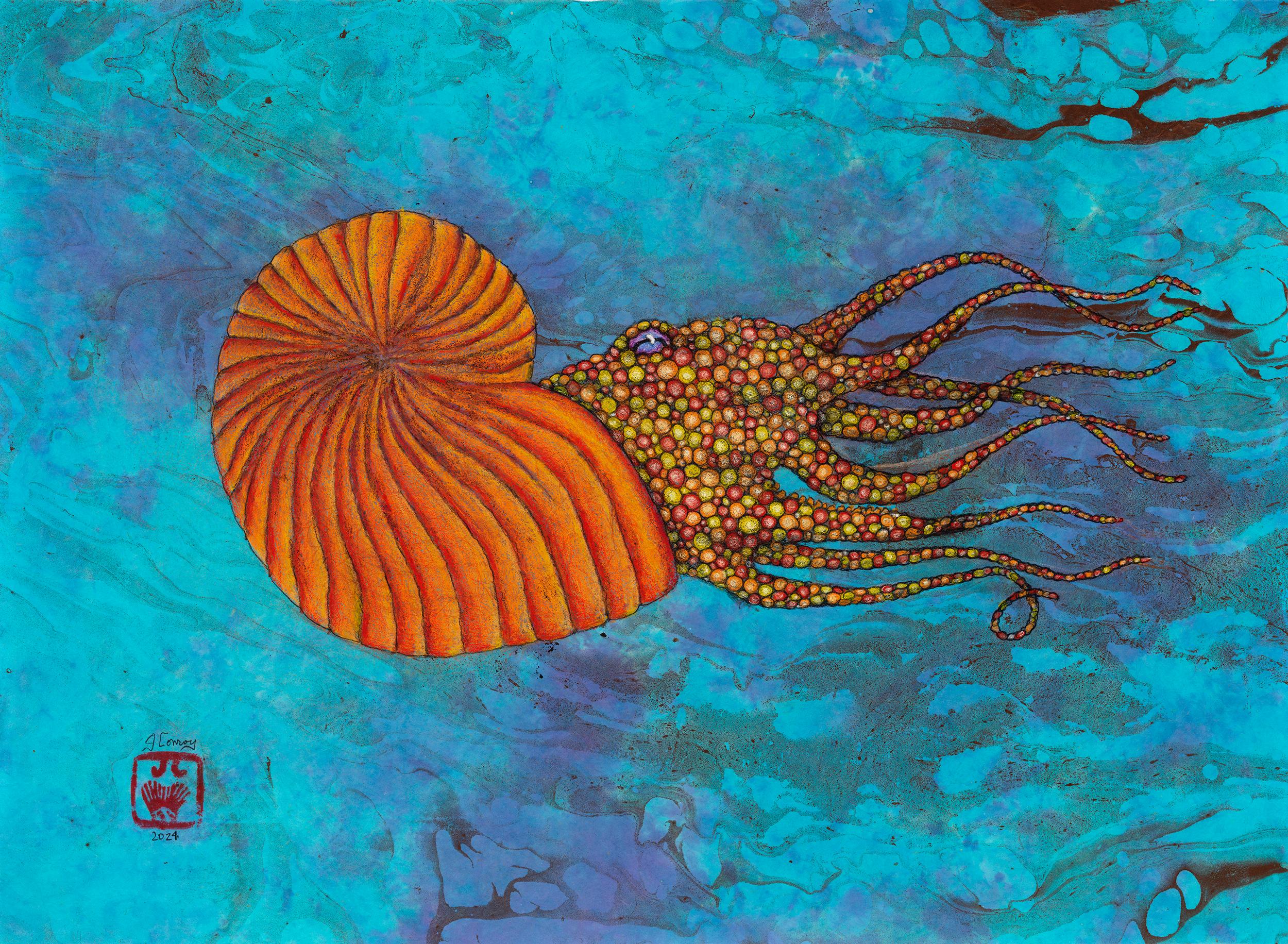 Ammonite di mandarino - Pittura a inchiostro Sumi in stile Gyotaku su carta di gelso - Painting di Jeff Conroy
