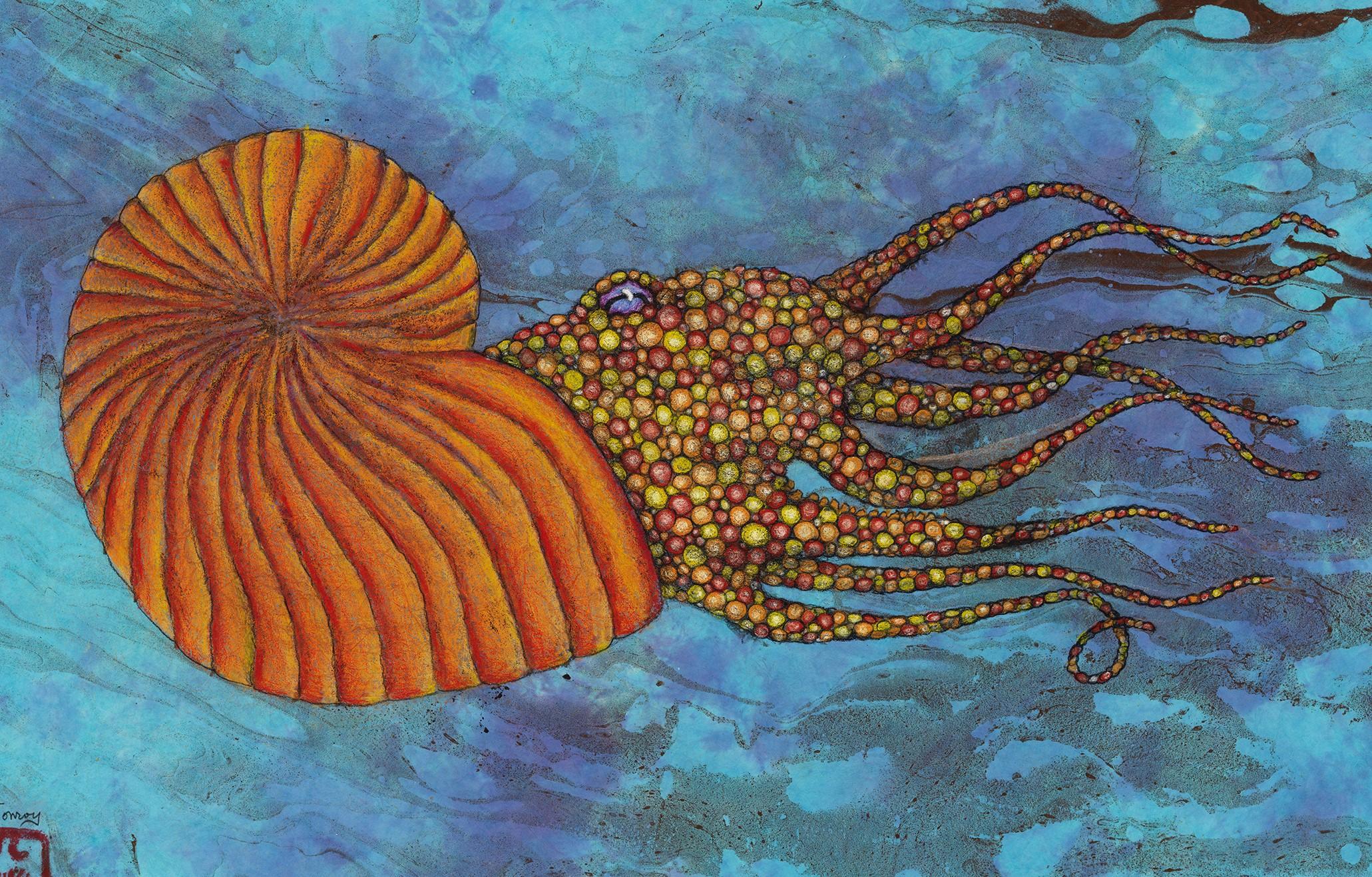 Ammonite di mandarino - Pittura a inchiostro Sumi in stile Gyotaku su carta di gelso in vendita 1