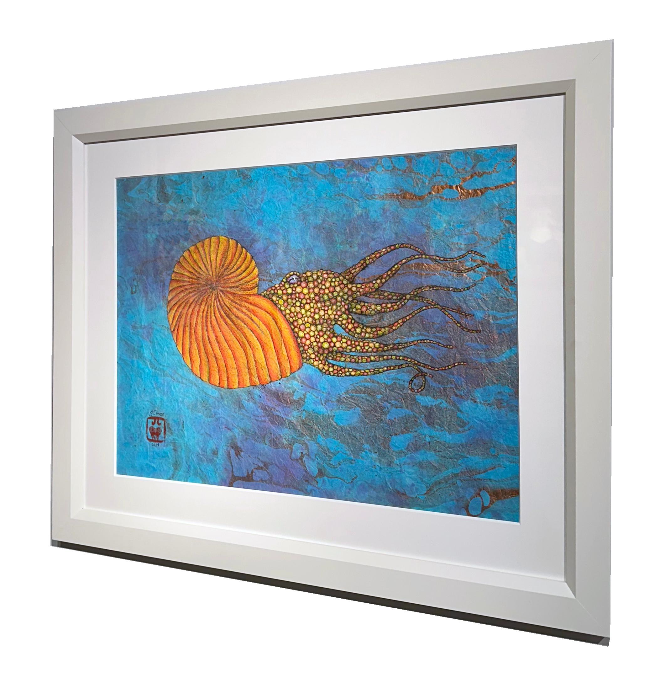 Ammonite di mandarino - Pittura a inchiostro Sumi in stile Gyotaku su carta di gelso - Painting Contemporaneo di Jeff Conroy