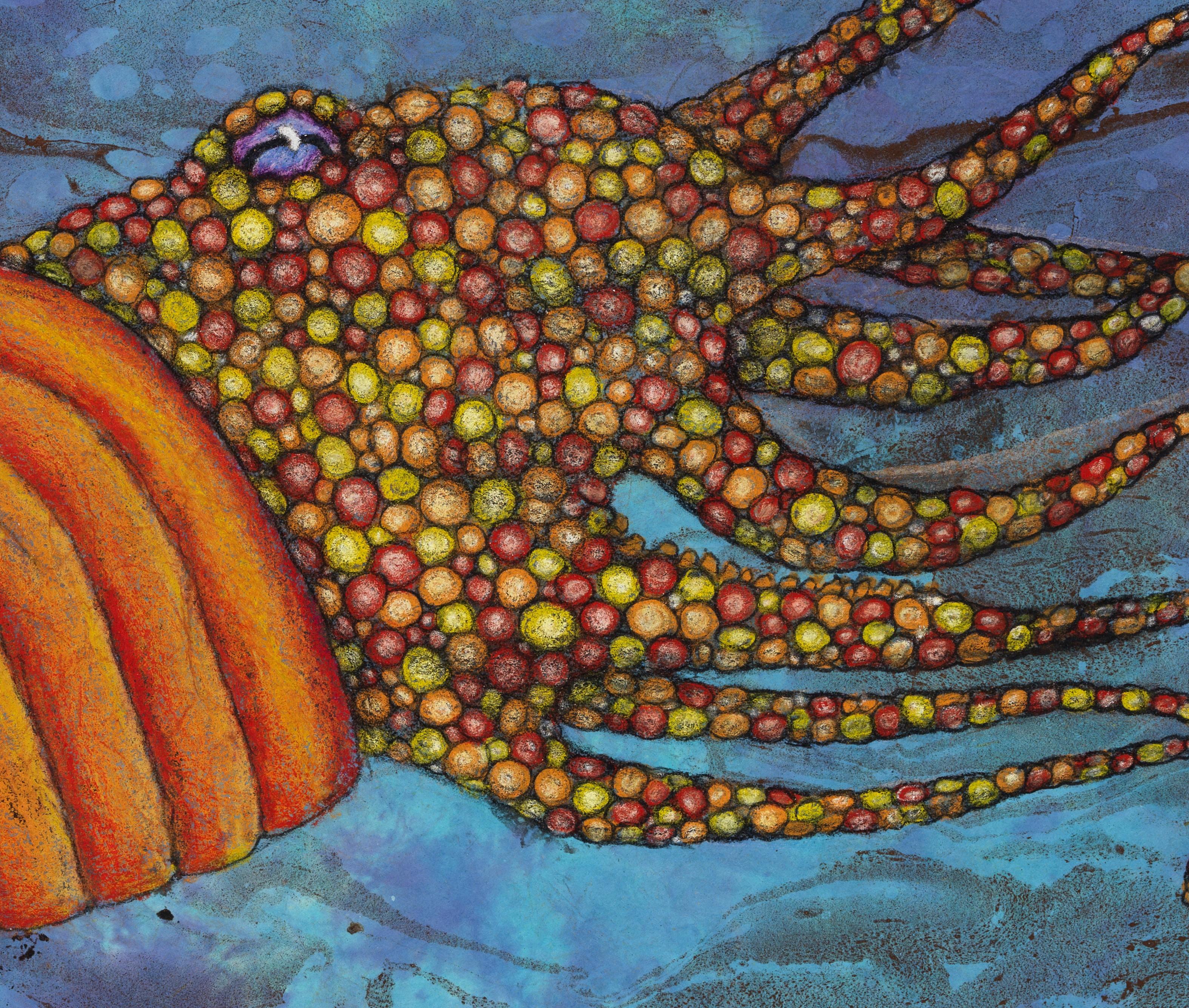 Una creatura marina di 65 milioni di anni fa viene qui immortalata attraverso l'arte del Gyotaku di Jeff Conroy. Dopo aver inchiostrato e preso l'impronta di una conchiglia fossile di Ammonite e averla combinata con l'impronta di un polpo reale,