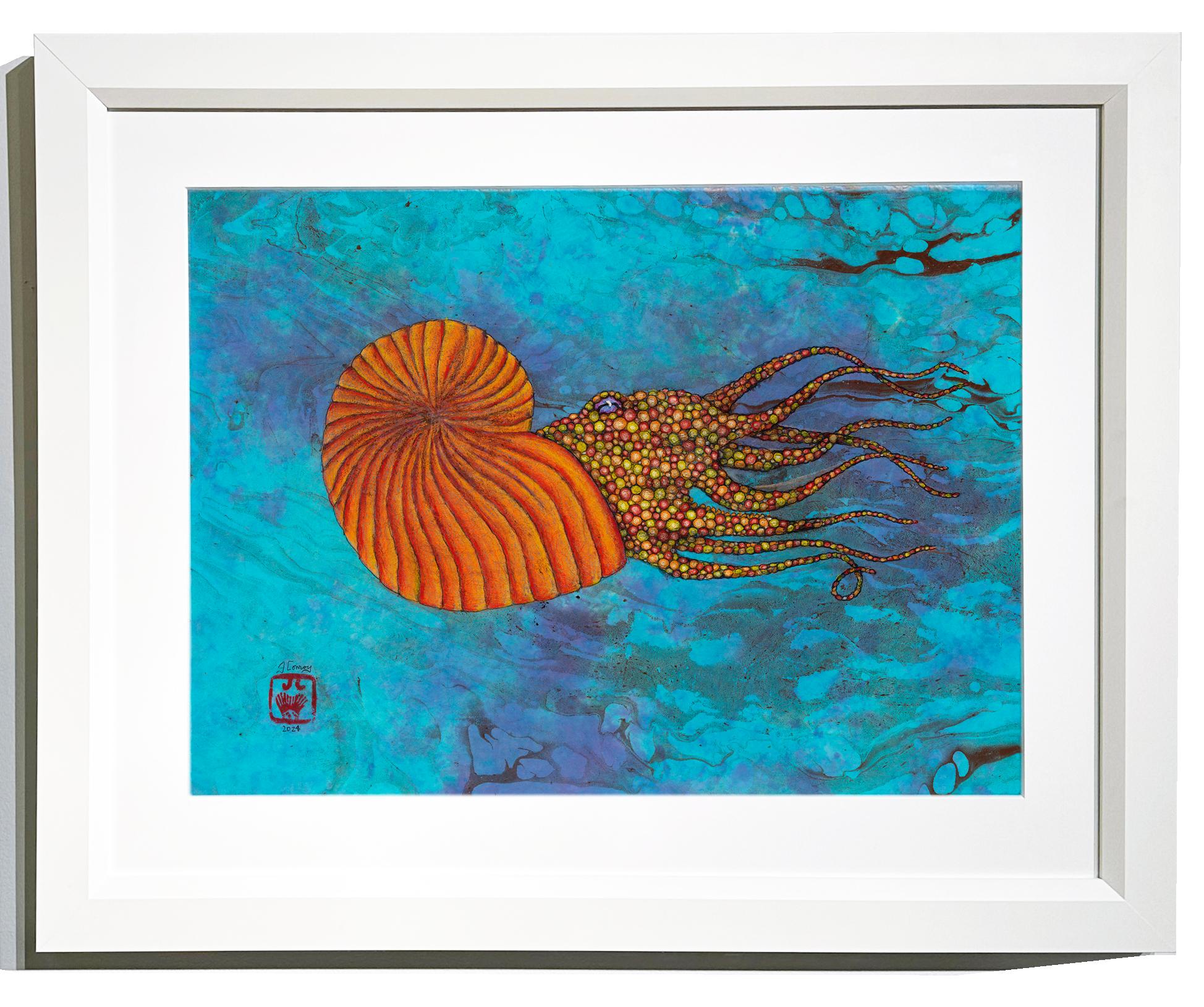 Tangerine Ammonite - Gyotaku Style Sumi Ink Painting on Mulberry Paper