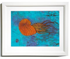 Tangerine Ammonite - Gyotaku Style Sumi Ink Painting on Mulberry Paper