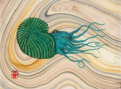 Ammonite - Peinture à l'encre Sumi de style Gyotaku sur papier Mulberry, encadrée
