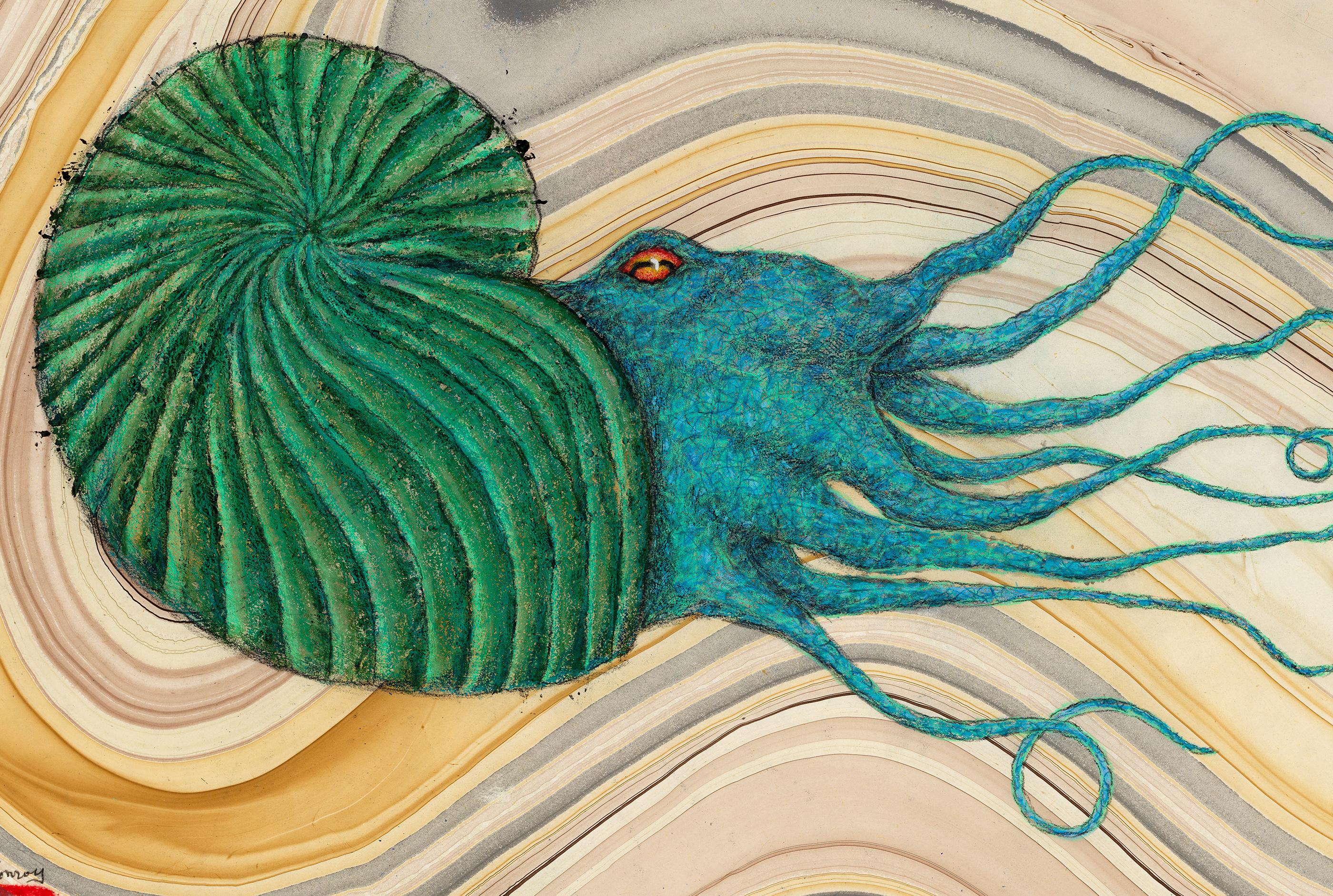 Una criatura marina de 65 millones de años es capturada aquí a través del arte del Gyotaku por Jeff Conroy. Después de entintar y tomar impresiones de una reproducción de una concha fósil de Ammonite y combinarla con una verdadera  impresión del