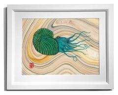 Emerald Ammonite - Gyotaku Style Sumi Ink Painting on Mulberry Paper, Framed