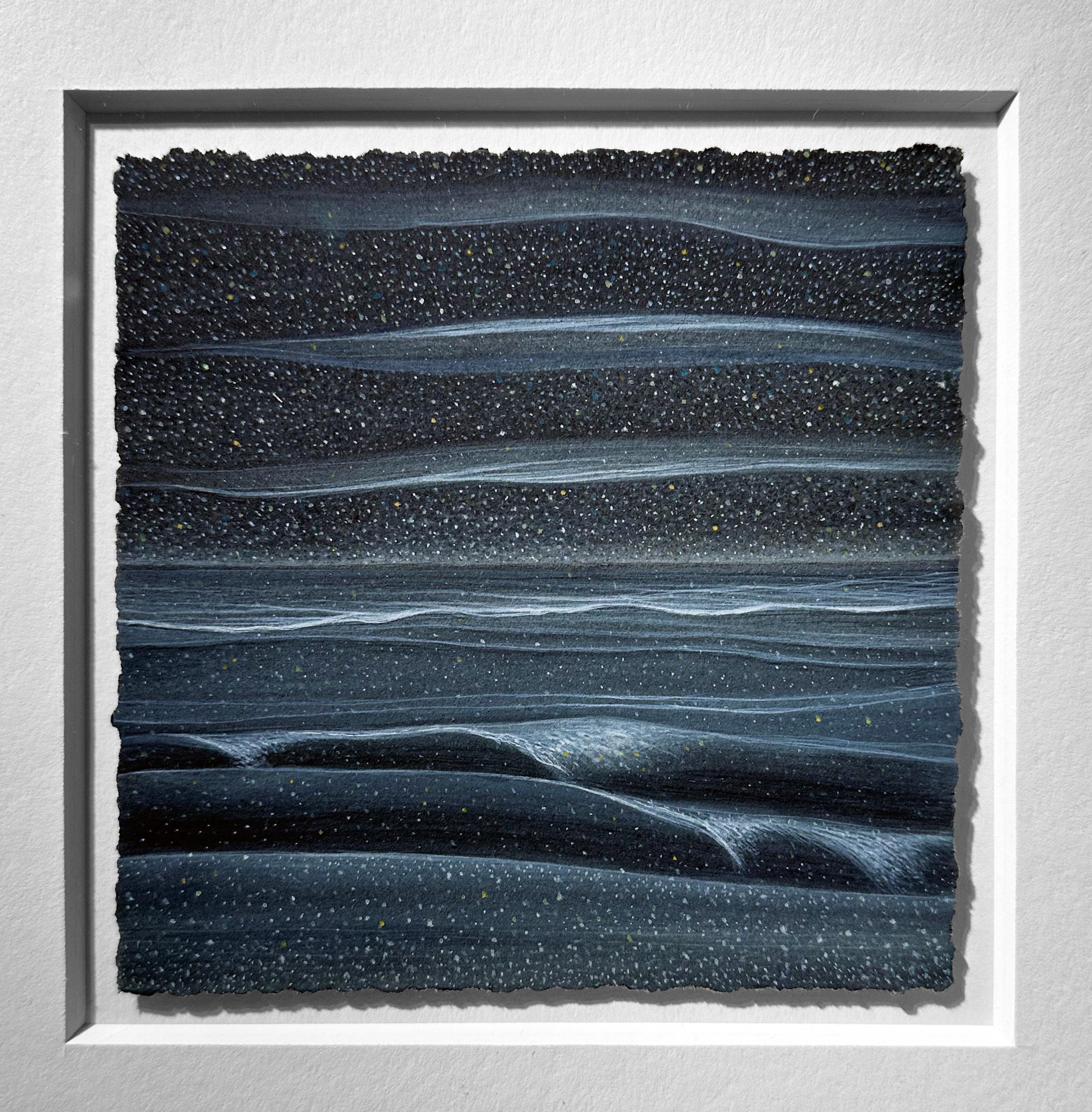The delicate hand of artist Christina Haglid is apparent in this small watercolor simply titled Stars and Ocean, No 4.  The exquisite detail begs the viewer to come in for a closer look where tiny stars dot the dark sky and the turbulent water like