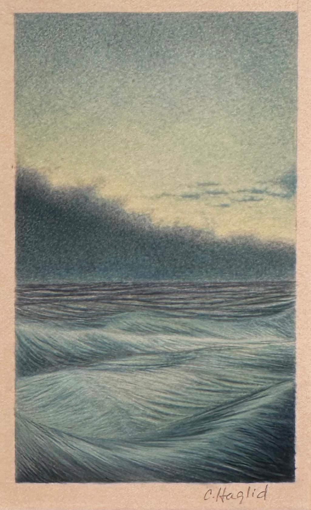 March Sea - Petit paysage marin détaillé,  Aquarelle sur papier, encadrée