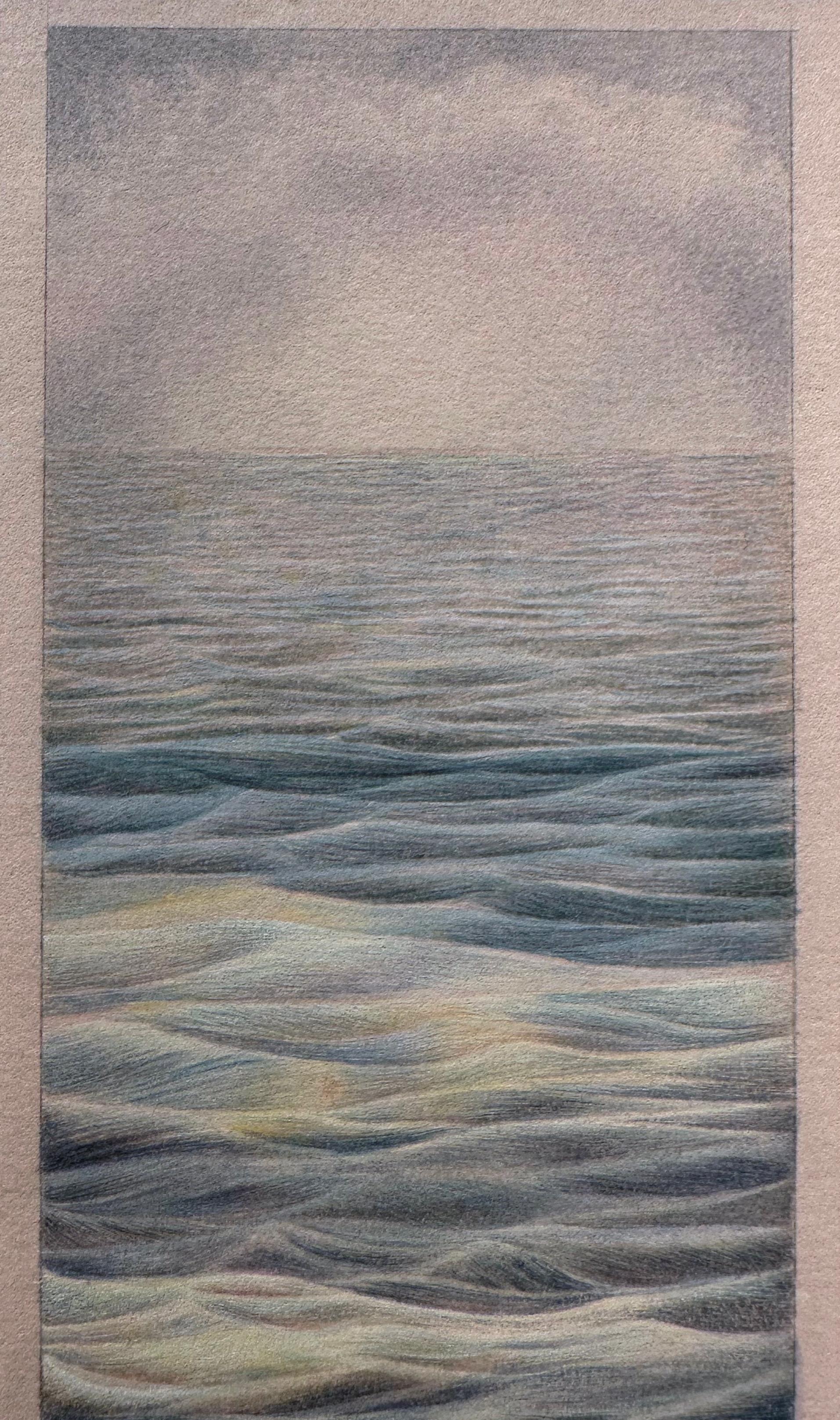 Winzige Wellen kräuseln das Wasser und werfen einen Regenbogen von Farben in dieser kleinen, akribischen Zeichnung der Künstlerin Christina Haglid.  Der Künstler ist in der Lage, mit Aquarellfarben die Detailgenauigkeit und Präzision von Ölfarben zu