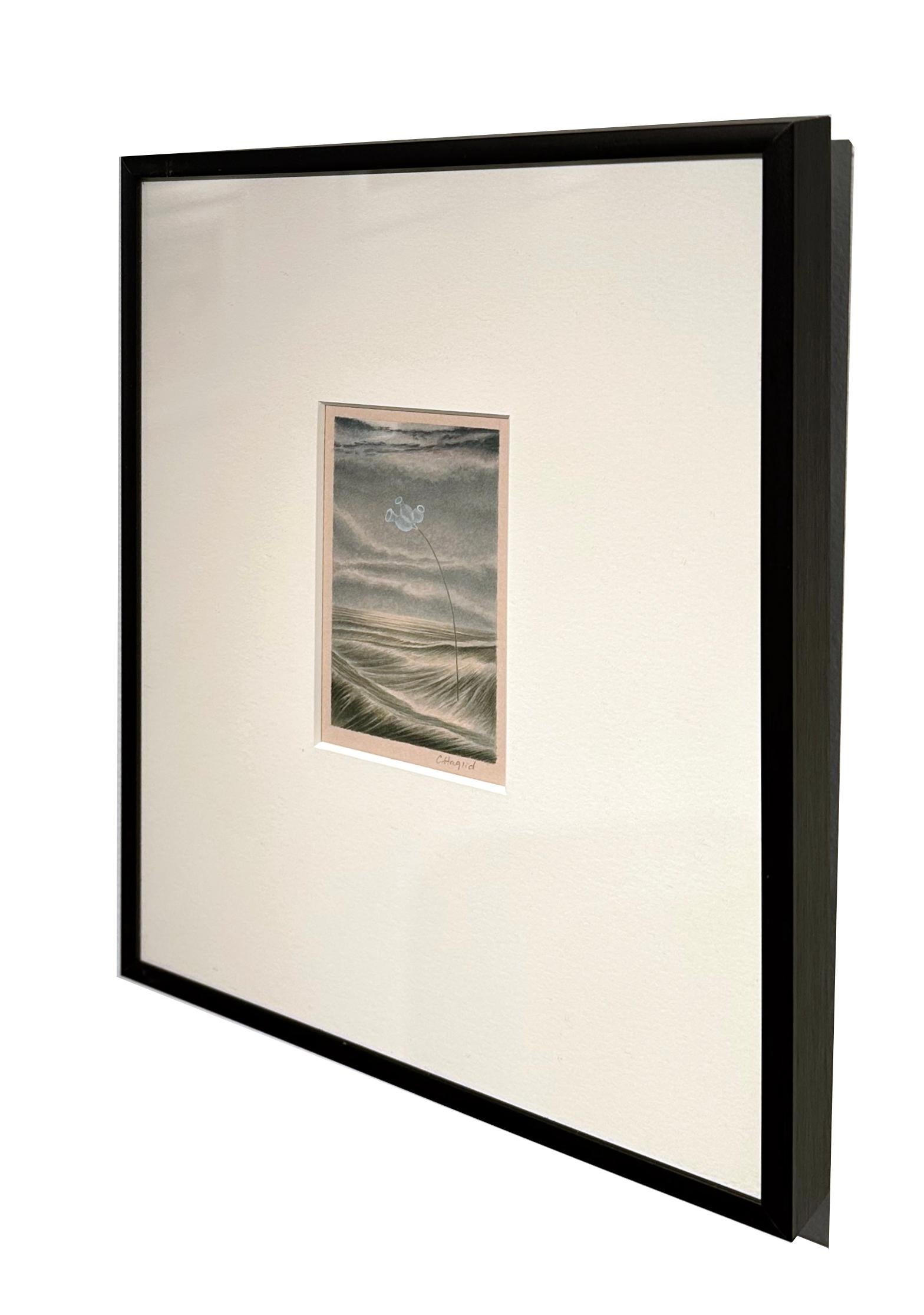 Trio - Aquarelle d'un paysage marin et d'une fleur sur papier d'archives, avec passe-partout et encadrement en vente 1