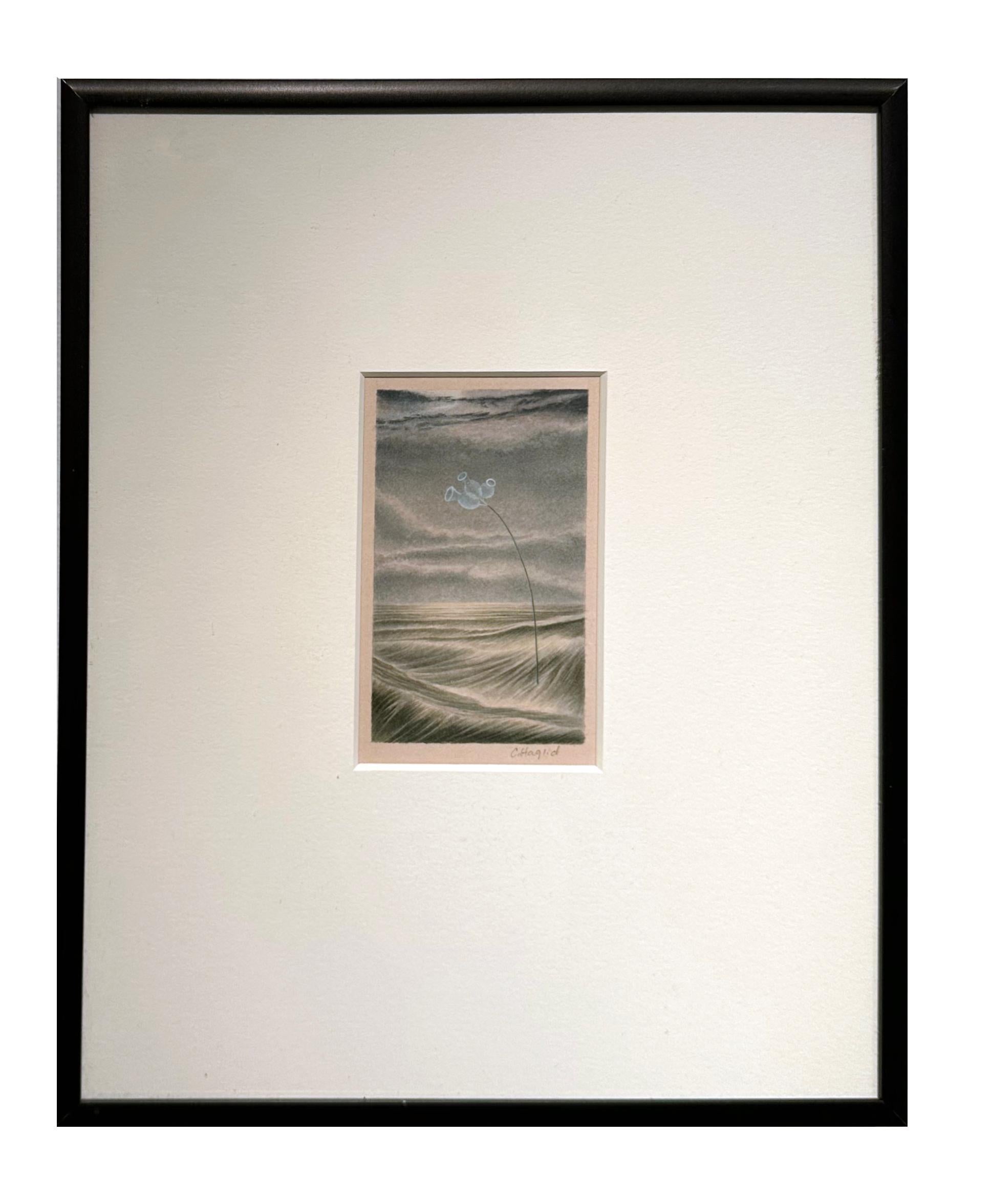 Trio - Aquarelle d'un paysage marin et d'une fleur sur papier d'archives, avec passe-partout et encadrement en vente 3