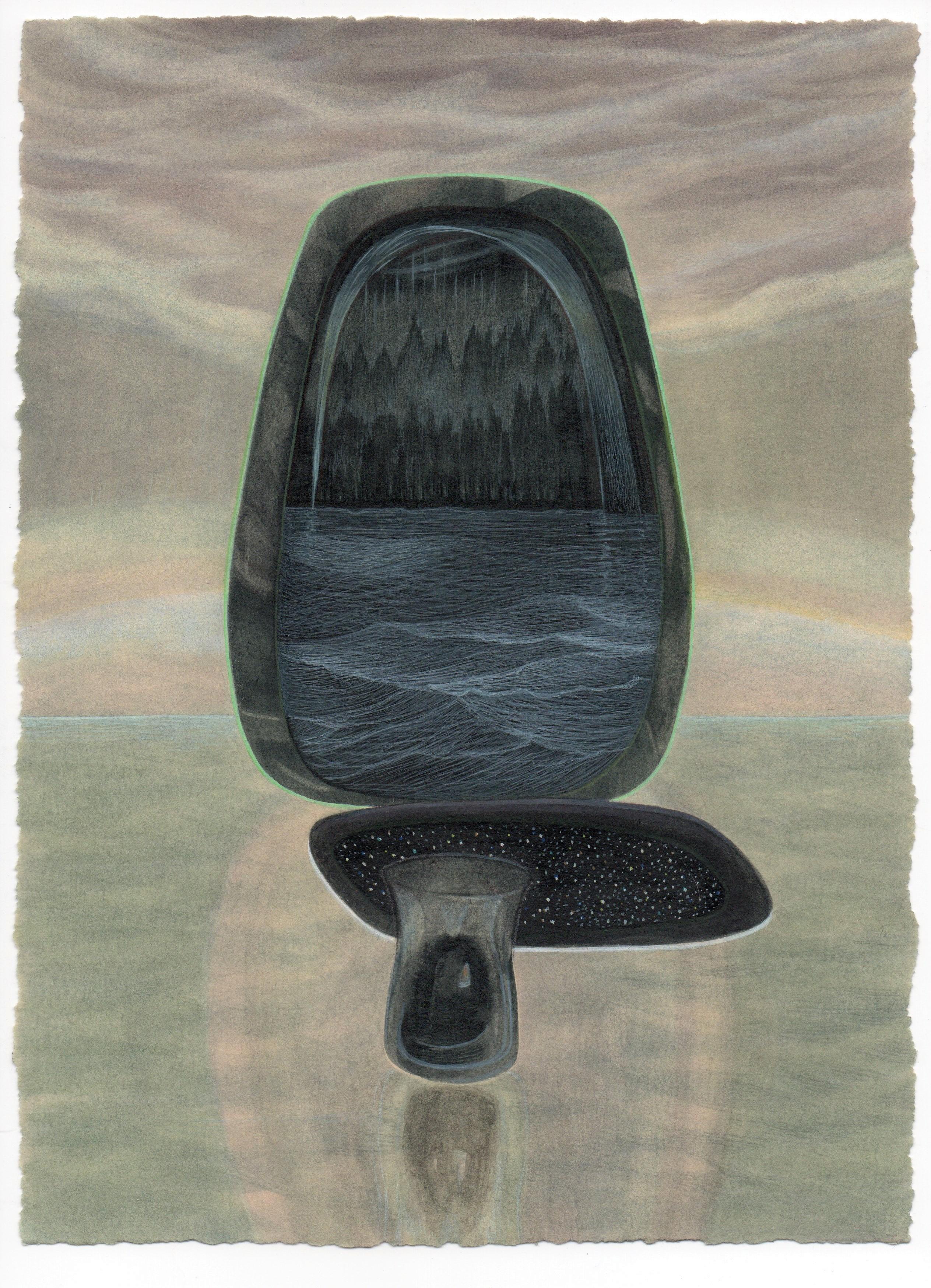Juniper Skyway - Trees and Ocean Scene, aquarelle et gouache sur papier, encadré