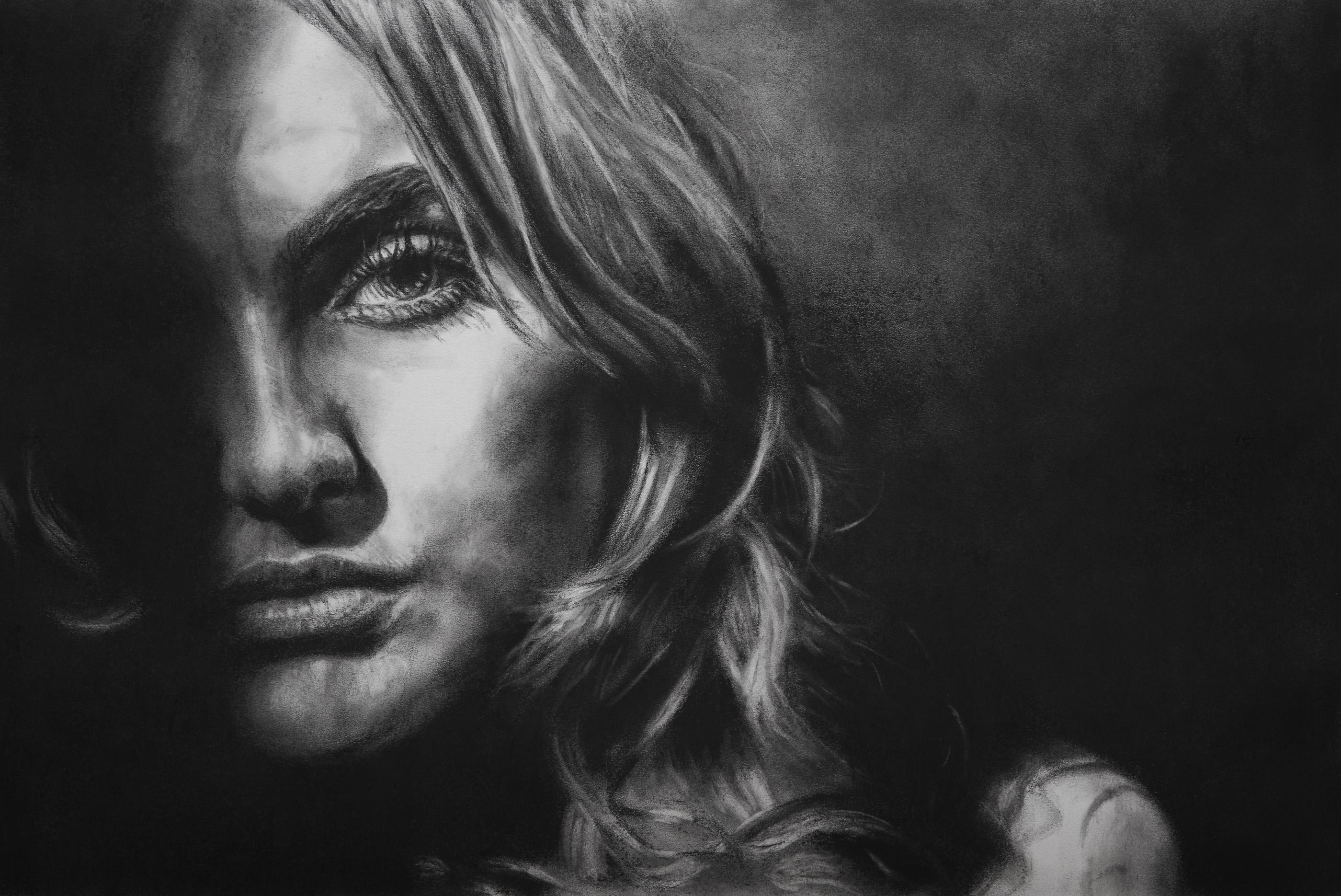 Nathan Brad Hall Portrait - Elsewhere Study - Original Charcoal Drawing of a Woman in Shadow, Framed