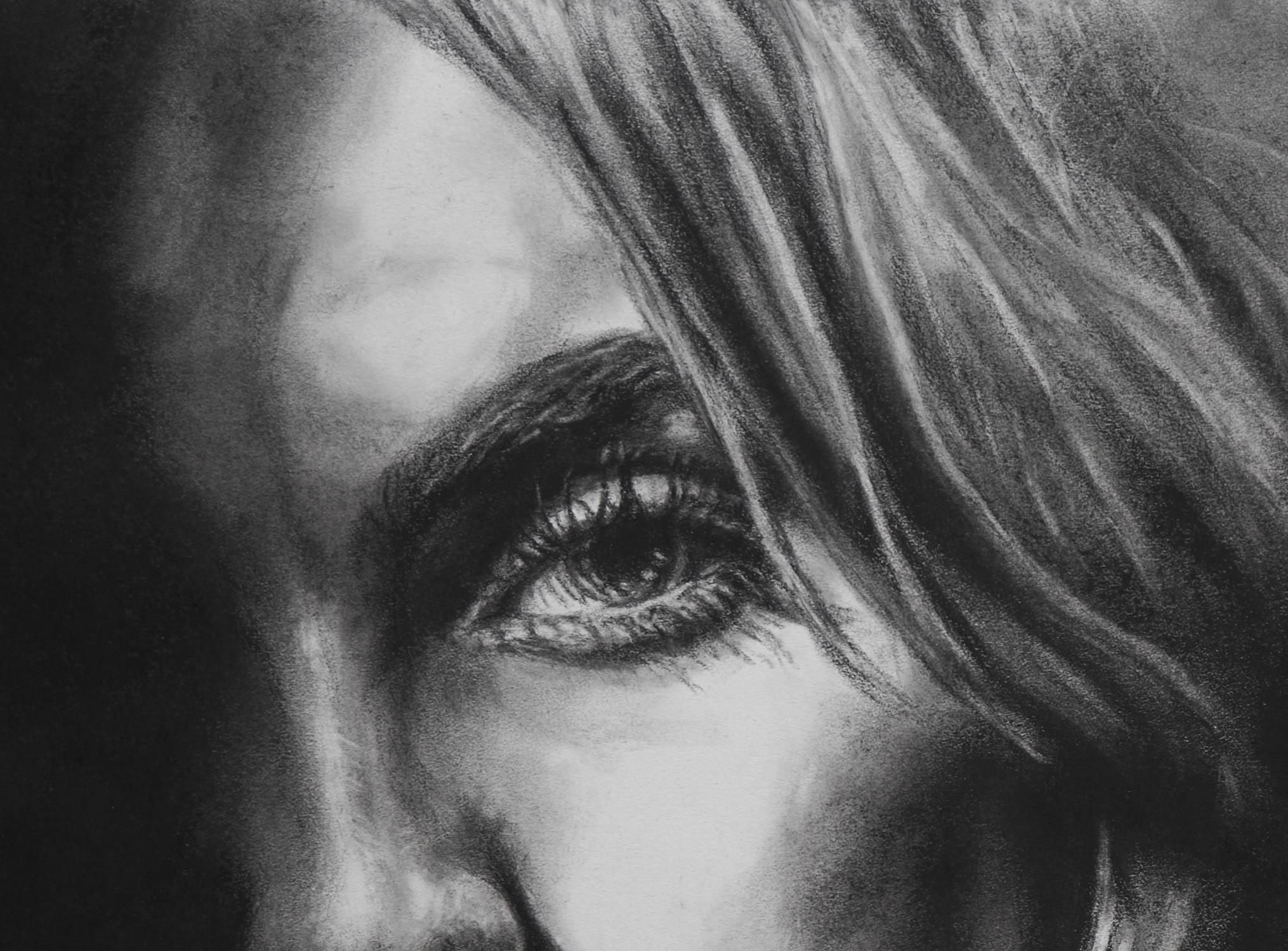 Elsewhere Study - Original Charcoal Drawing of a Woman in Shadow, Framed - Black Portrait by Nathan Brad Hall