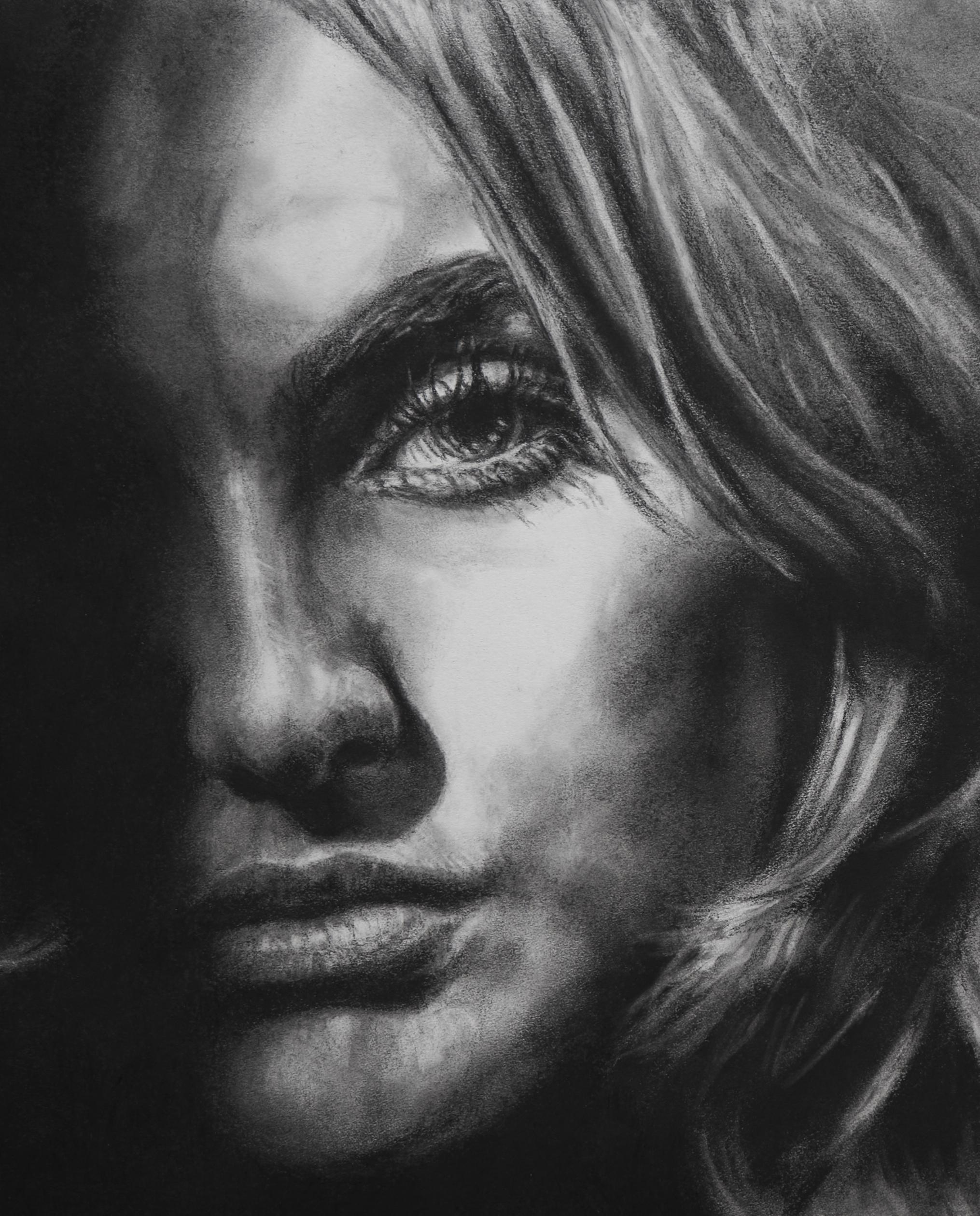 Elsewhere Study - Original Charcoal Drawing of a Woman in Shadow, Framed - Realist Art by Nathan Brad Hall