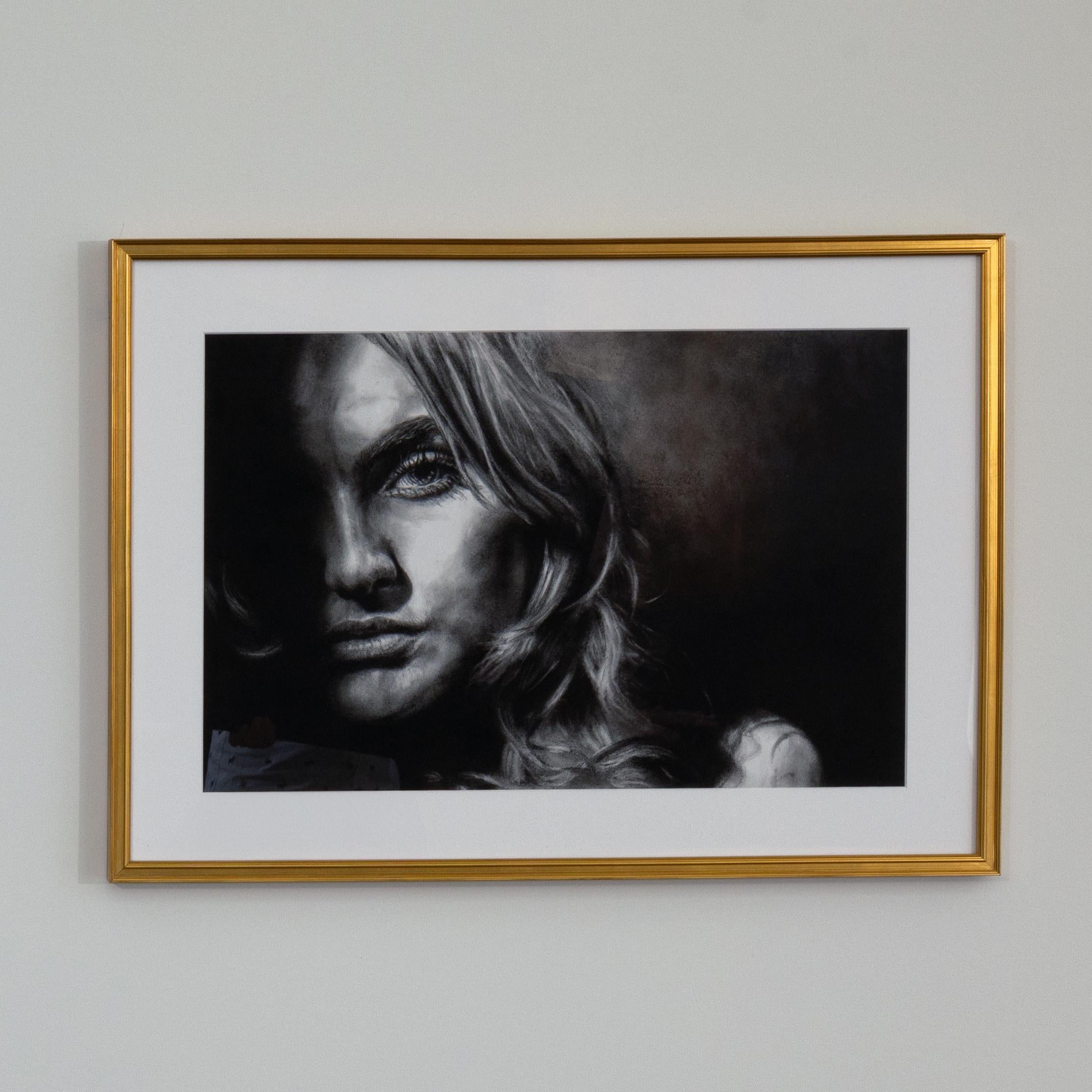 The subject, peaking out of a darkened corner, gazes directly at the viewer in this intimate charcoal drawing by New York based artist Nathan Brad Hall.  Highly detailed, this study is the preparatory drawing for a larger oil of the same name.  This