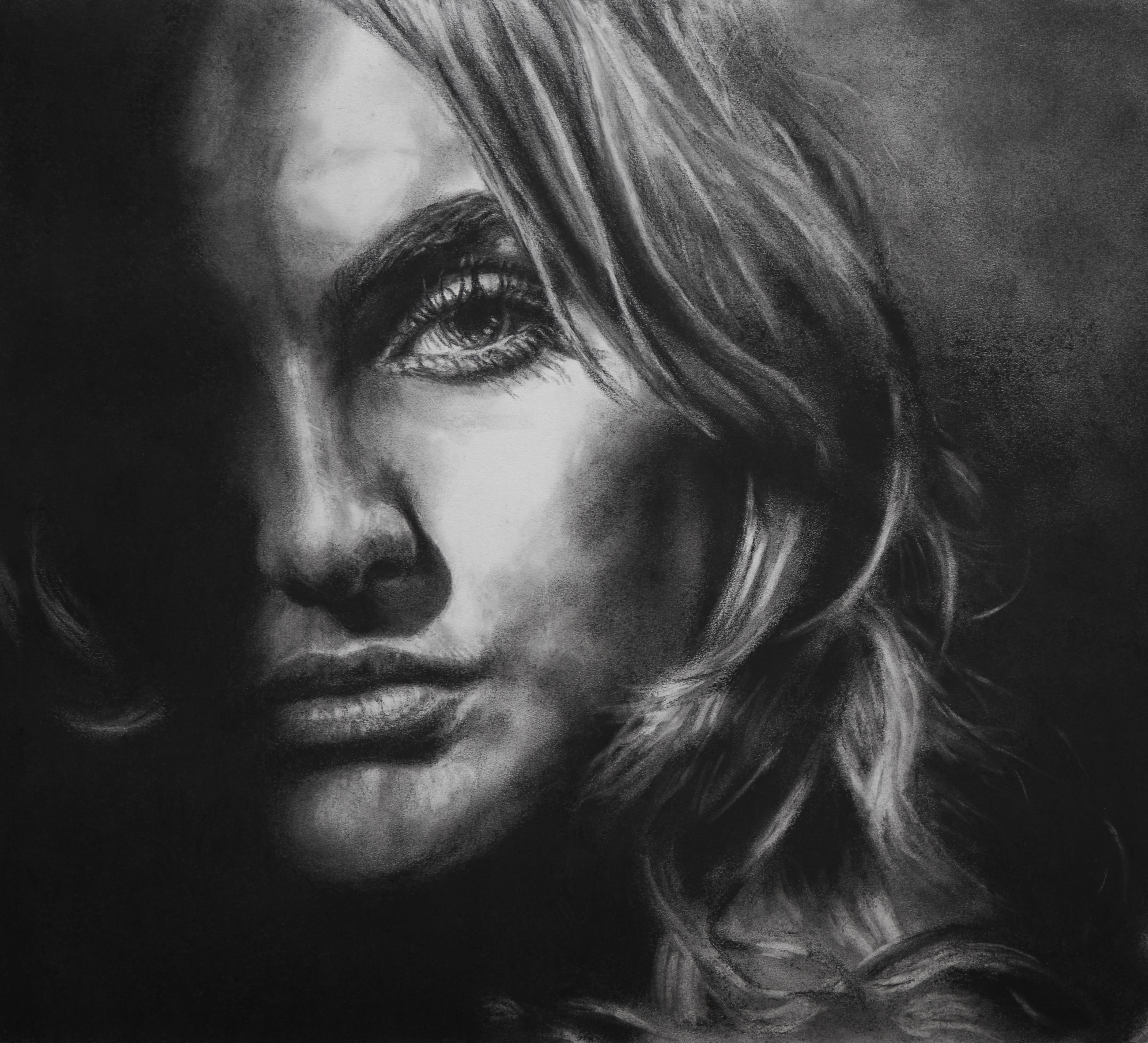 Elsewhere Study - Original Charcoal Drawing of a Woman in Shadow, Framed - Art by Nathan Brad Hall