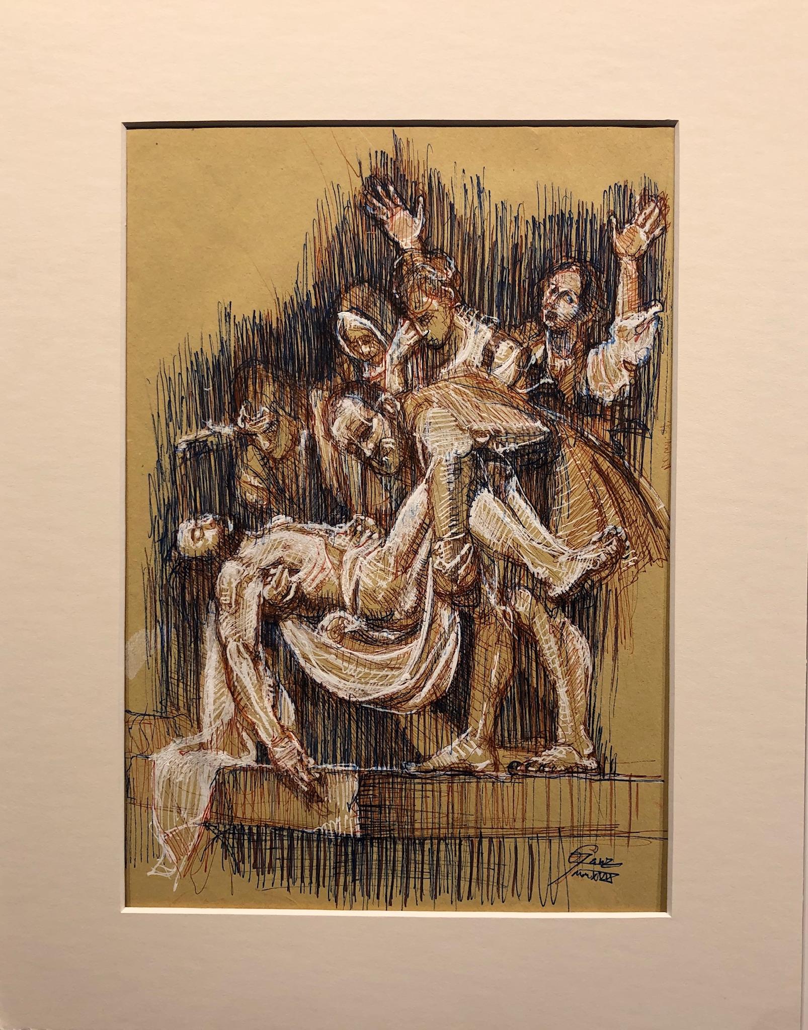 After The Deposition by Caravaggio, Colored Pen Drawing, Signed - Art by Christopher Ganz