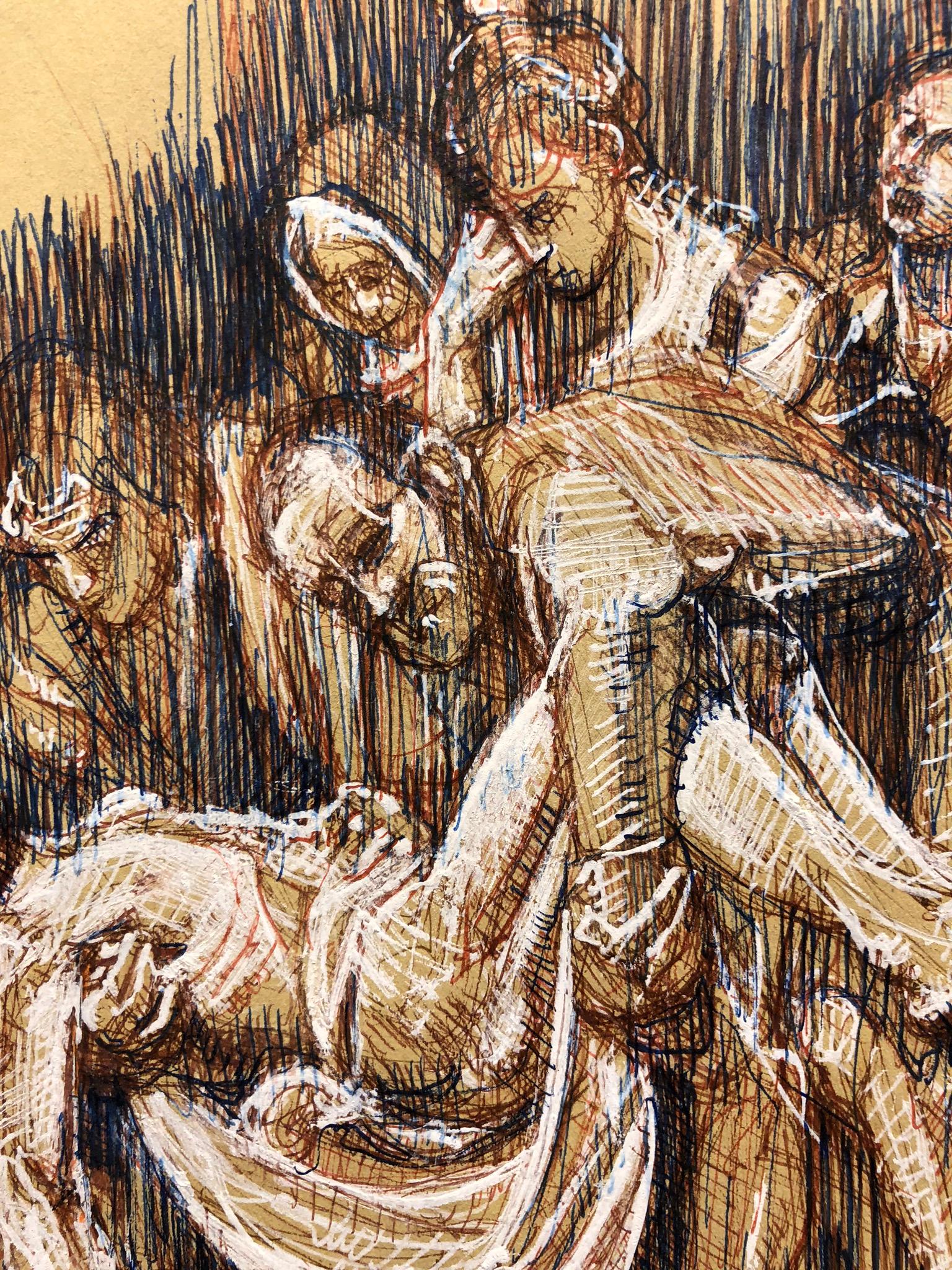 After The Deposition by Caravaggio, Colored Pen Drawing, Signed - Contemporary Art by Christopher Ganz