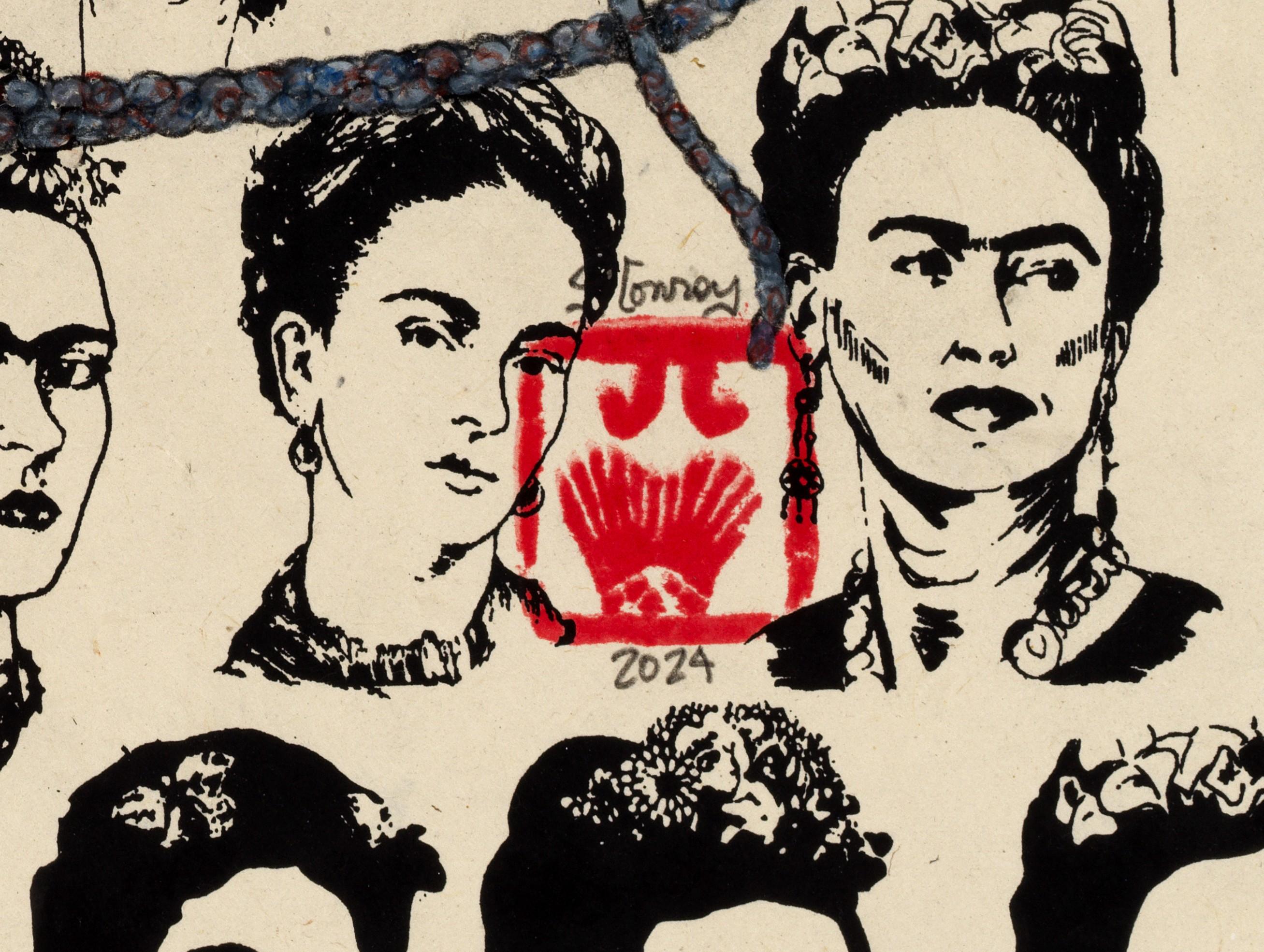 Un piccolo polpo è inchiostrato nello stile giapponese della stampa Gyo-Taku su uno sfondo giocoso di immagini in bianco e nero di Frida Kahlo.  Utilizzando l'inchiostro sumi per 