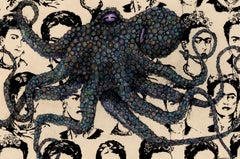 Frida Kahlopus: Gloomy Gus- Gyotaku Style Sumi Ink Painting of an Octopus