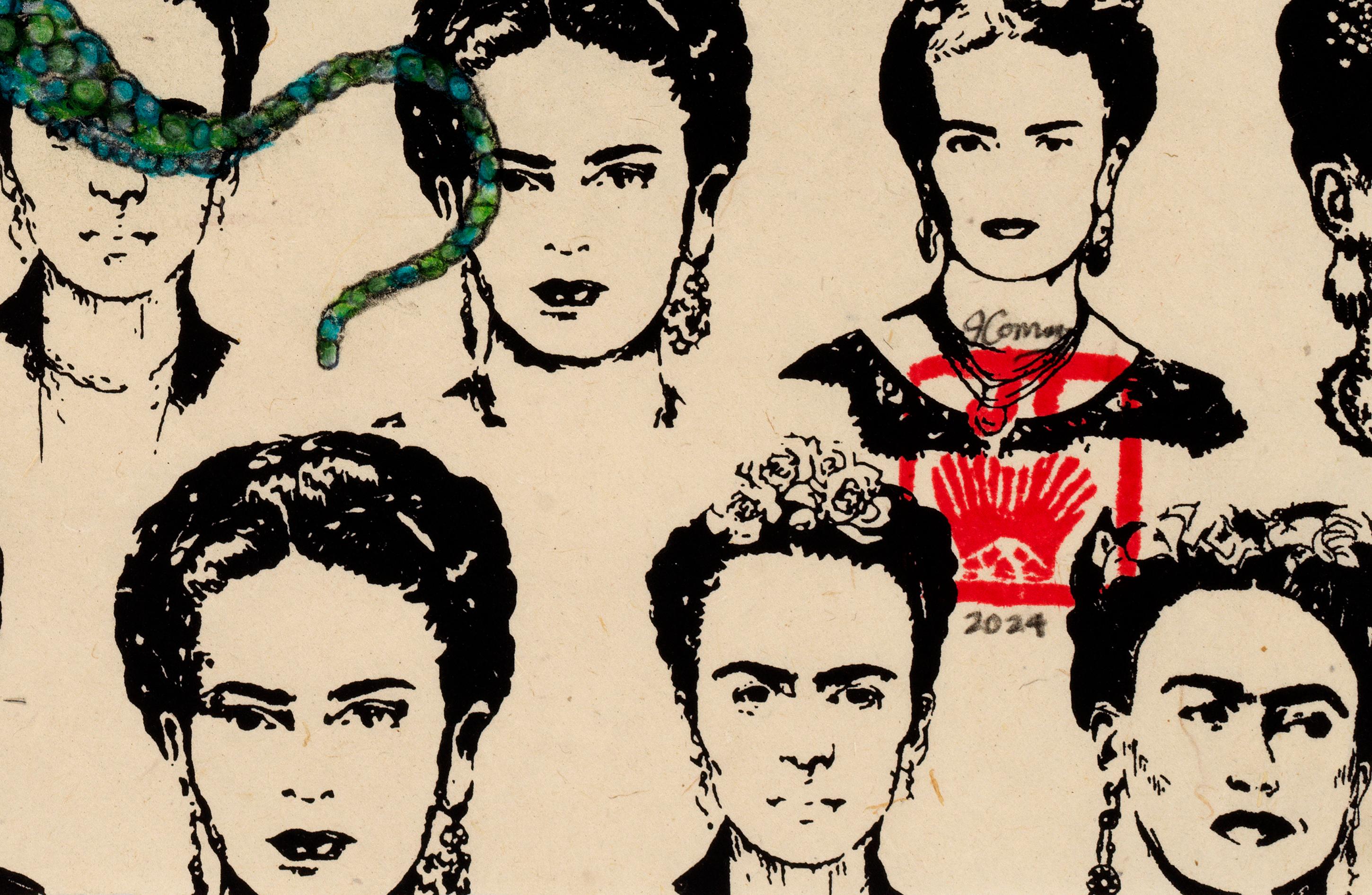 Un piccolo polpo è inchiostrato nello stile giapponese della stampa Gyo-Taku su uno sfondo giocoso di immagini in bianco e nero di Frida Kahlo.  Utilizzando l'inchiostro sumi per 
