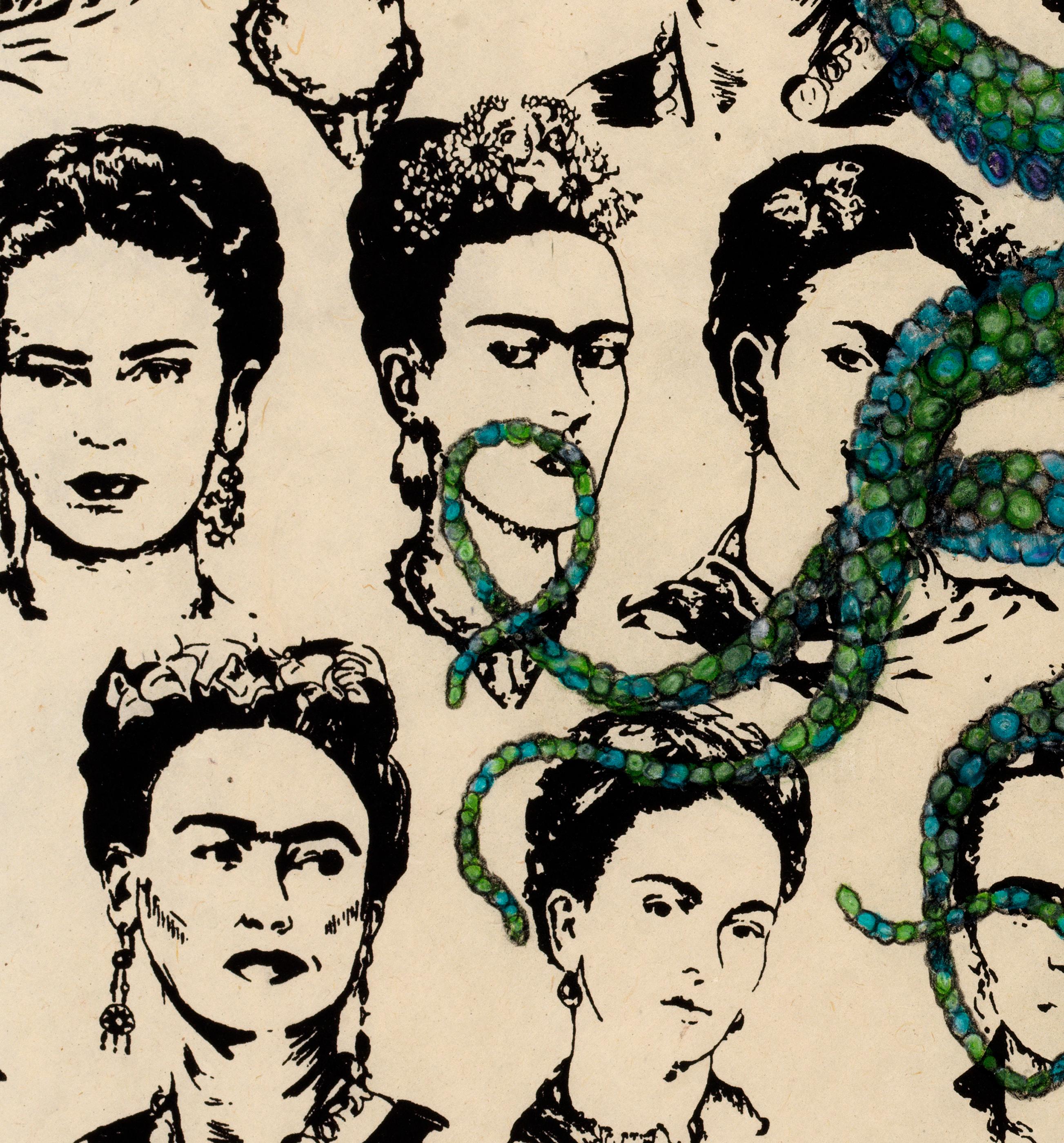 Frida Kahlopus: Foglio verde - Pittura a inchiostro Sumi in stile Gyotaku di un polpo in vendita 1