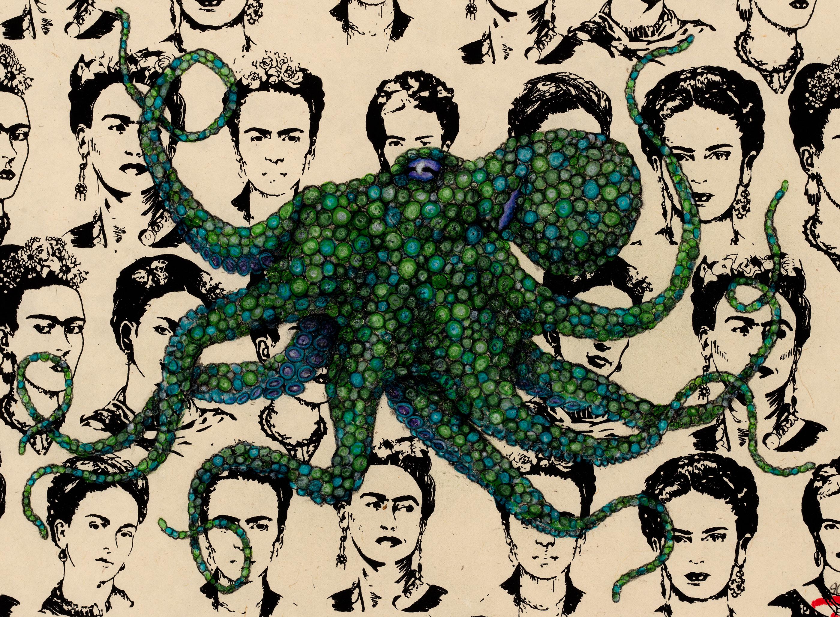 Frida Kahlopus: Foglio verde - Pittura a inchiostro Sumi in stile Gyotaku di un polpo - Art di Jeff Conroy