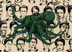 Frida Kahlopus: Foglio verde - Pittura a inchiostro Sumi in stile Gyotaku di un polpo