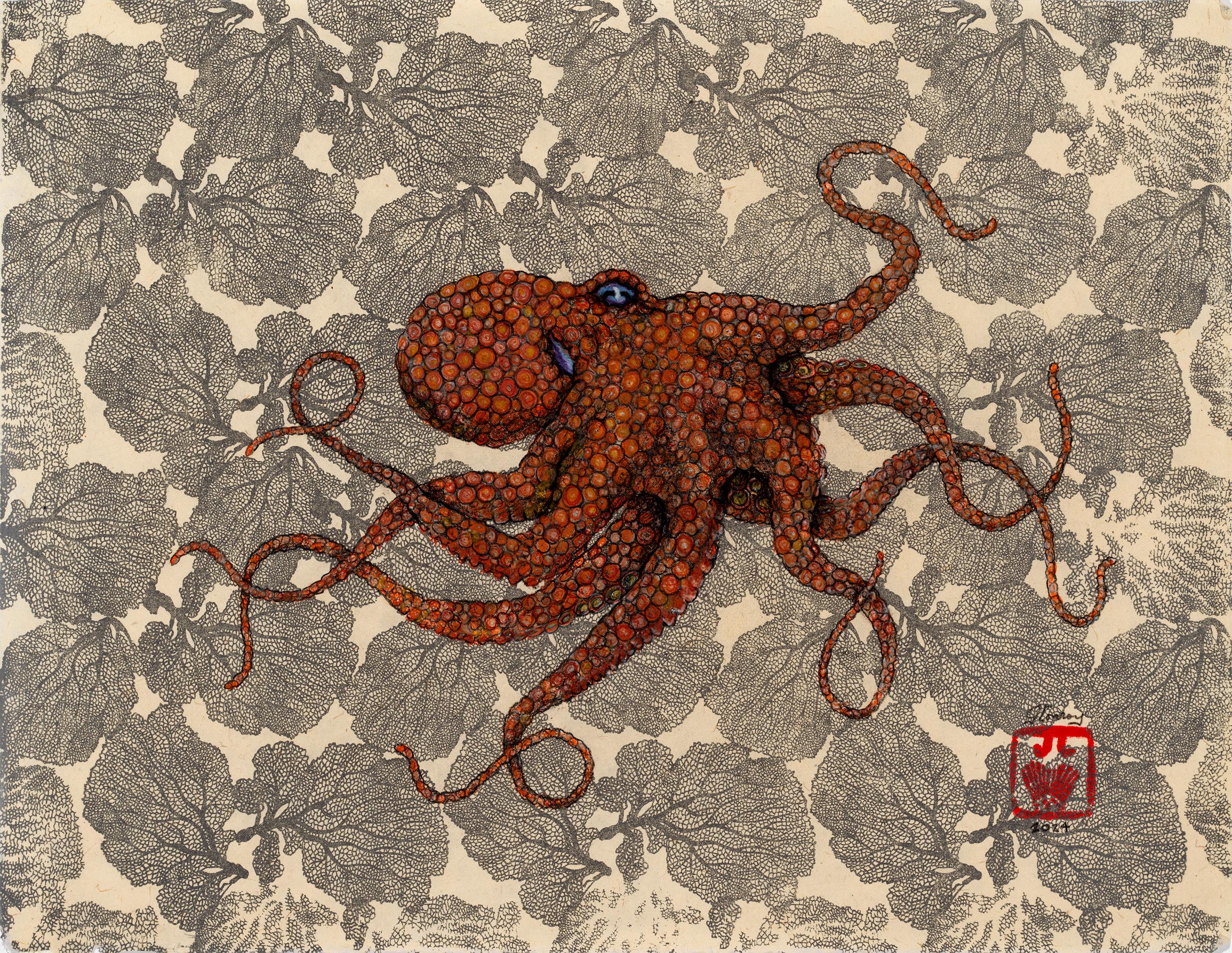 A. Silver Lining: Marmellata Creole Lady  - Pittura a polpo con inchiostro Sumi in stile Gyotaku - Painting di Jeff Conroy