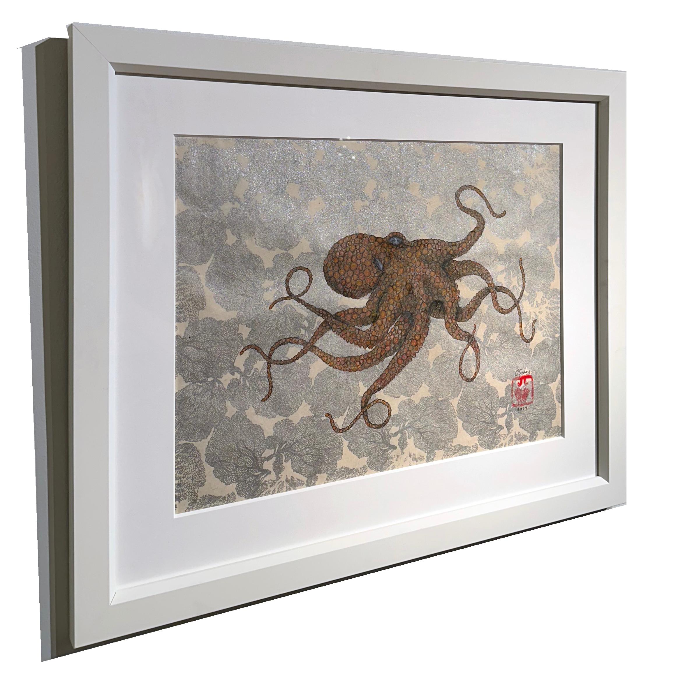 A. Silver Lining: Marmellata Creole Lady  - Pittura a polpo con inchiostro Sumi in stile Gyotaku - Animal Painting Argento di Jeff Conroy