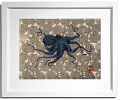 Silver Lining: Tonalità di blu  - Quadro di polpo con inchiostro Sumi in stile Gyotaku, incorniciato