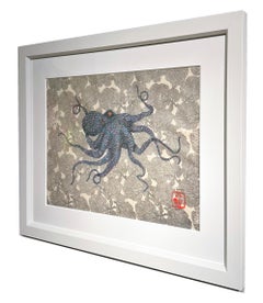 Silver Lining: Blue Hue  - Gyotaku Style Sumi Ink Octopus Painting, Framed