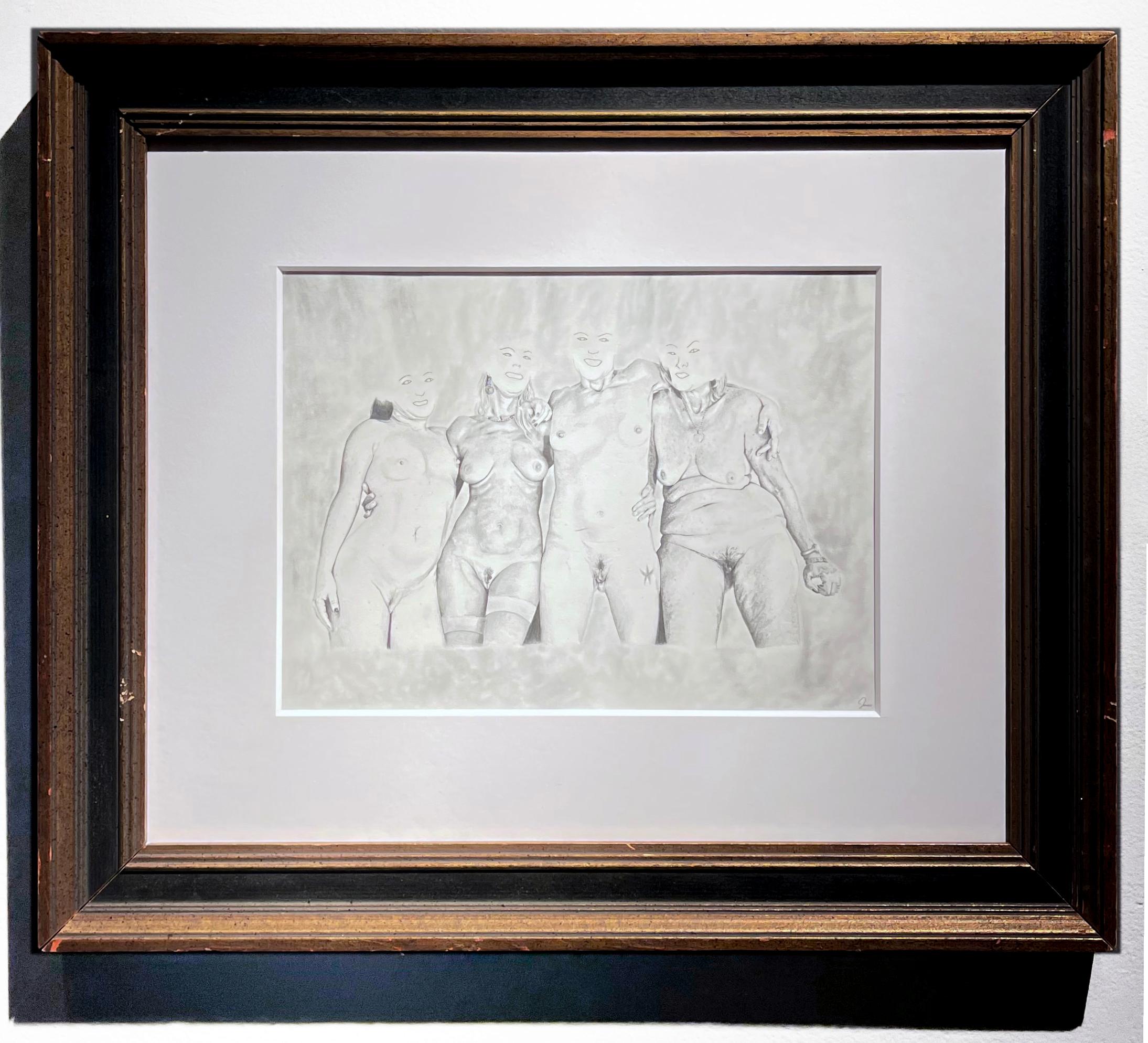 Apparizioni - Quattro donne nude in posa, disegno in grafite, incorniciato - Art di Jane Birch