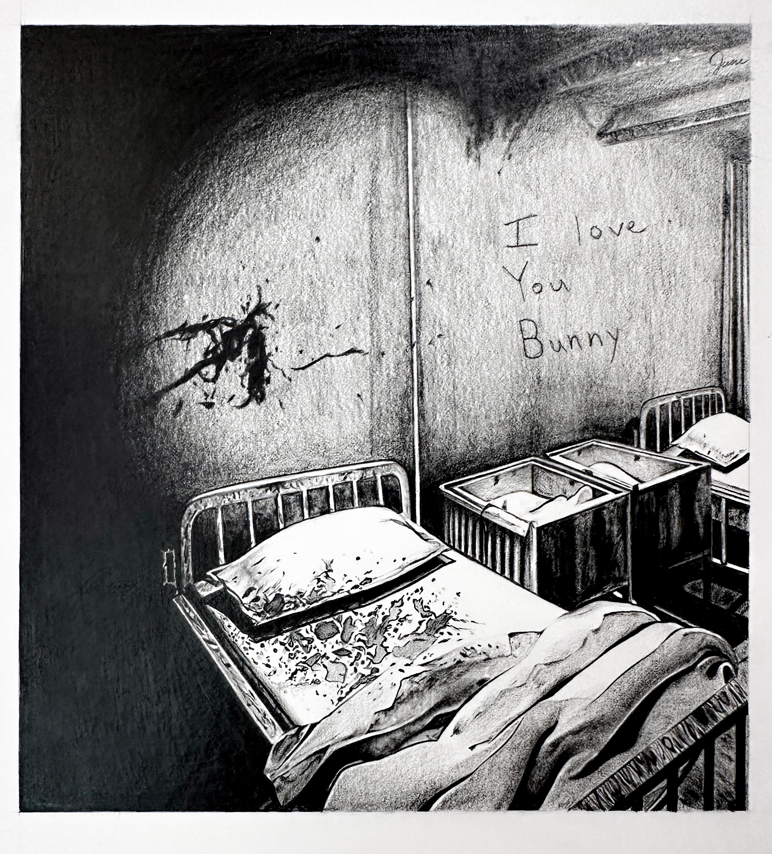Jane Birch Interior Art - Untitled, Drawing of an Empty Bed & Crib and "I Love You Bunny" on the Wall