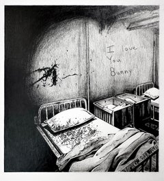 Untitled, Drawing of an Empty Bed & Crib and "I Love You Bunny" on the Wall