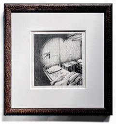 Senza titolo, disegno di un letto e una culla vuoti e "I Love You Bunny" sul muro