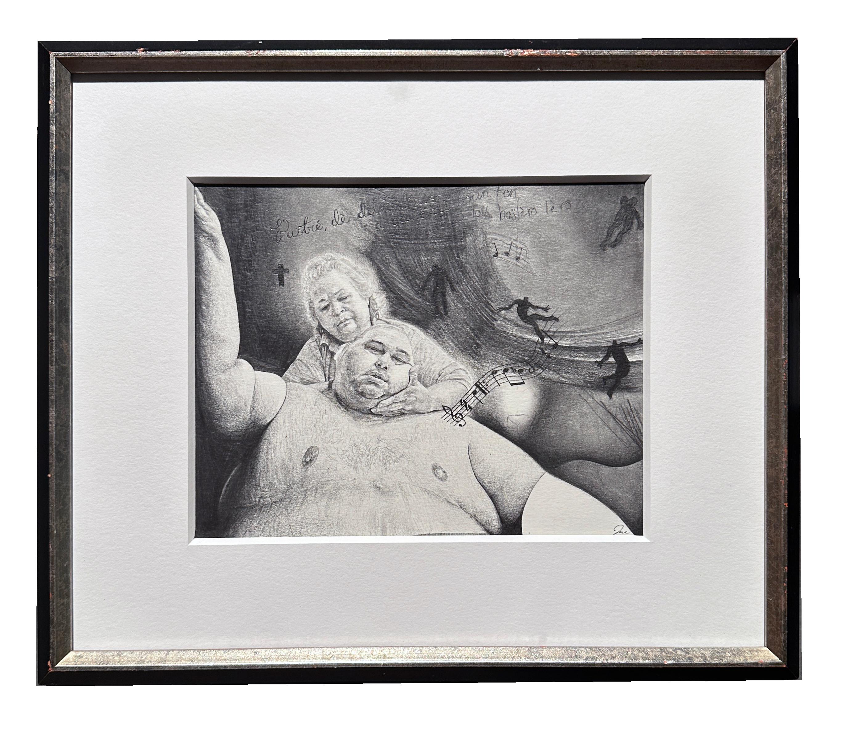 Jane Birch
I Must Have Done Something Good
graphite on paper
6h x 7.50w in
10.5h x 12.5w in framed
15.24h x 19.05w cm
JAB007

My drawings are lovingly objectifying. I’m an alien researcher, and my subject, humans, are funny, cute, and repulsive.