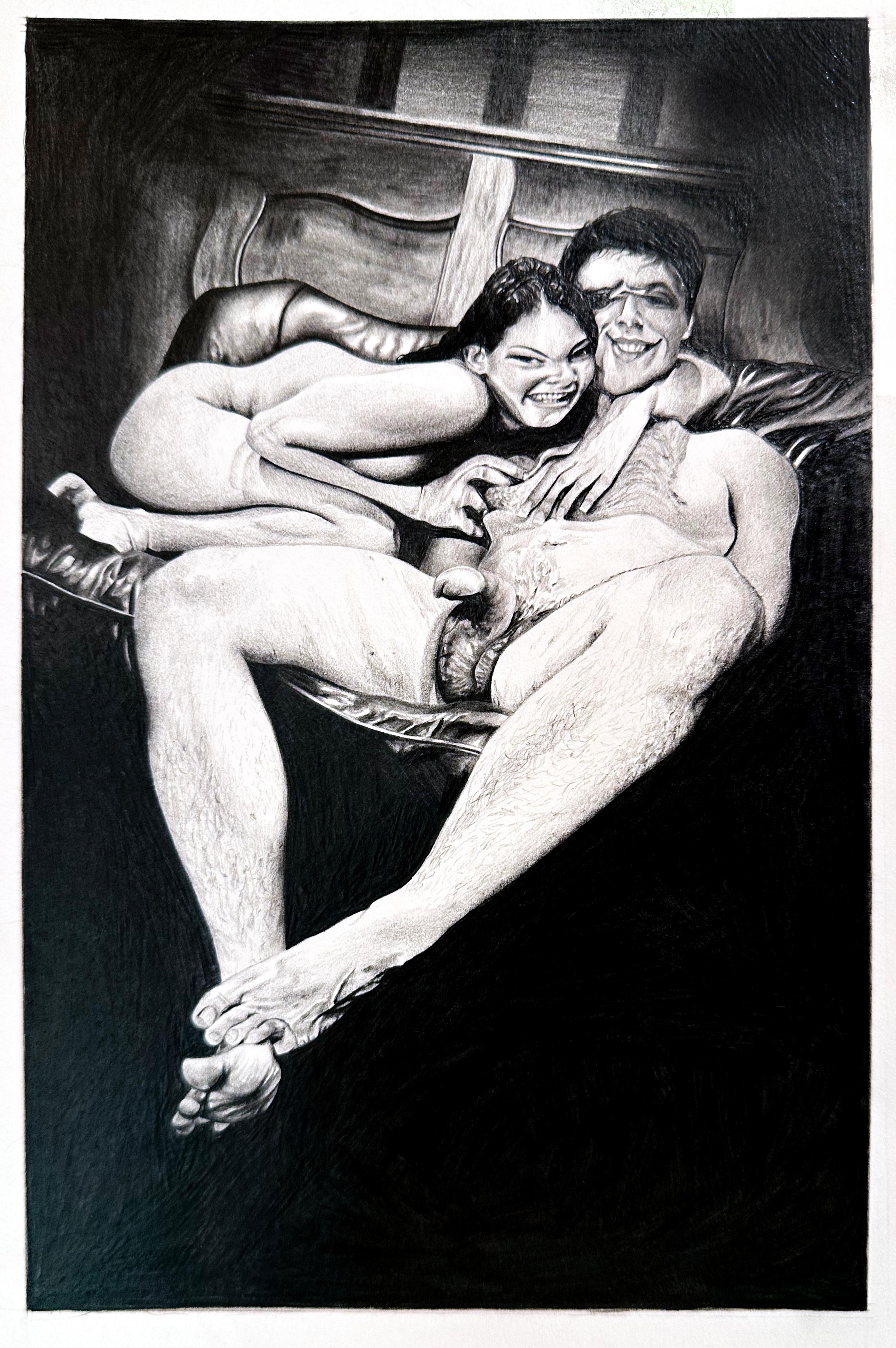 Jane Birch Figurative Art - Hitchhike - Distorted Drawing of Male and Female Nude Figures, Framed