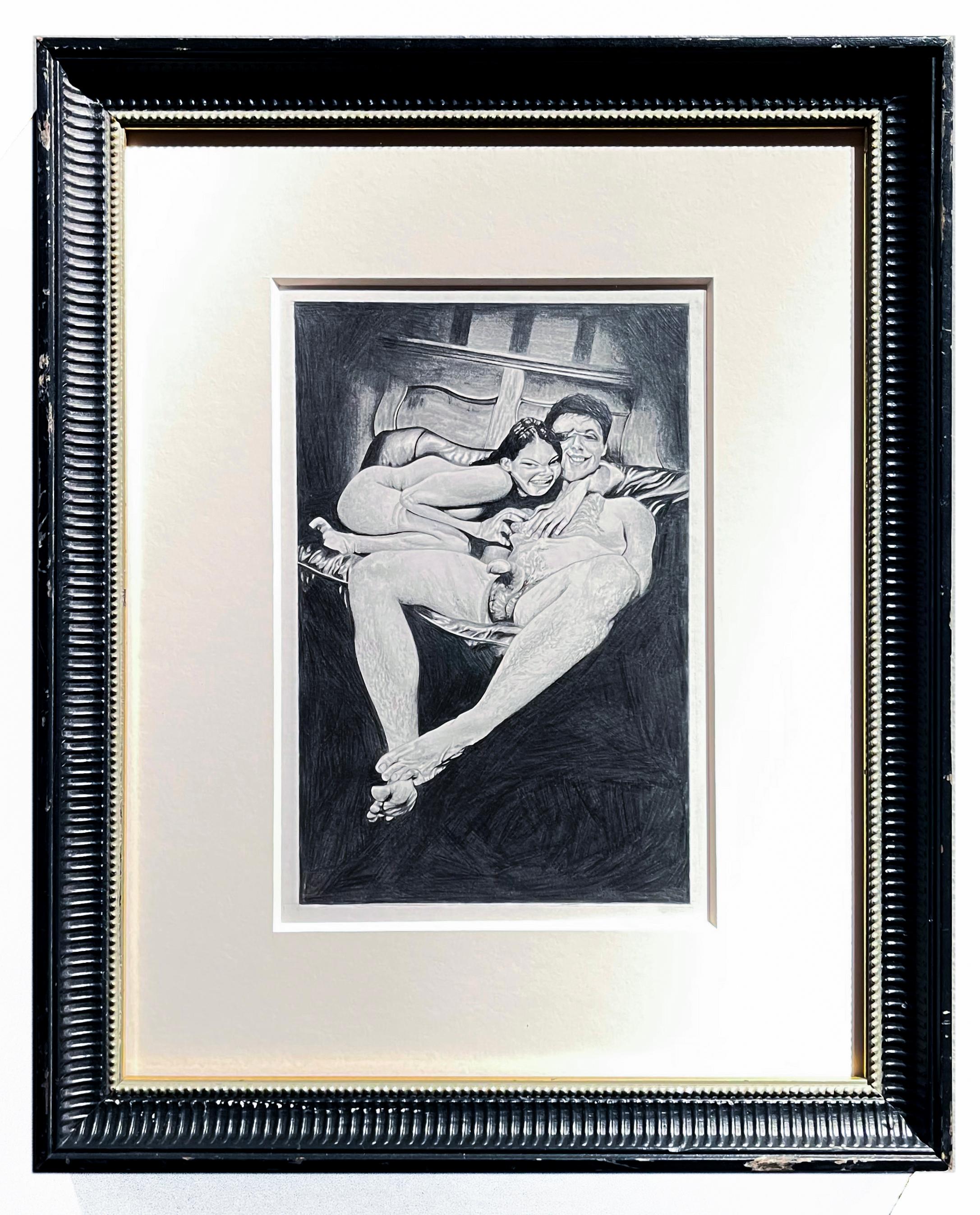 Hitchhike - Distorted Drawing of Male and Female Nude Figures, Framed - Art by Jane Birch