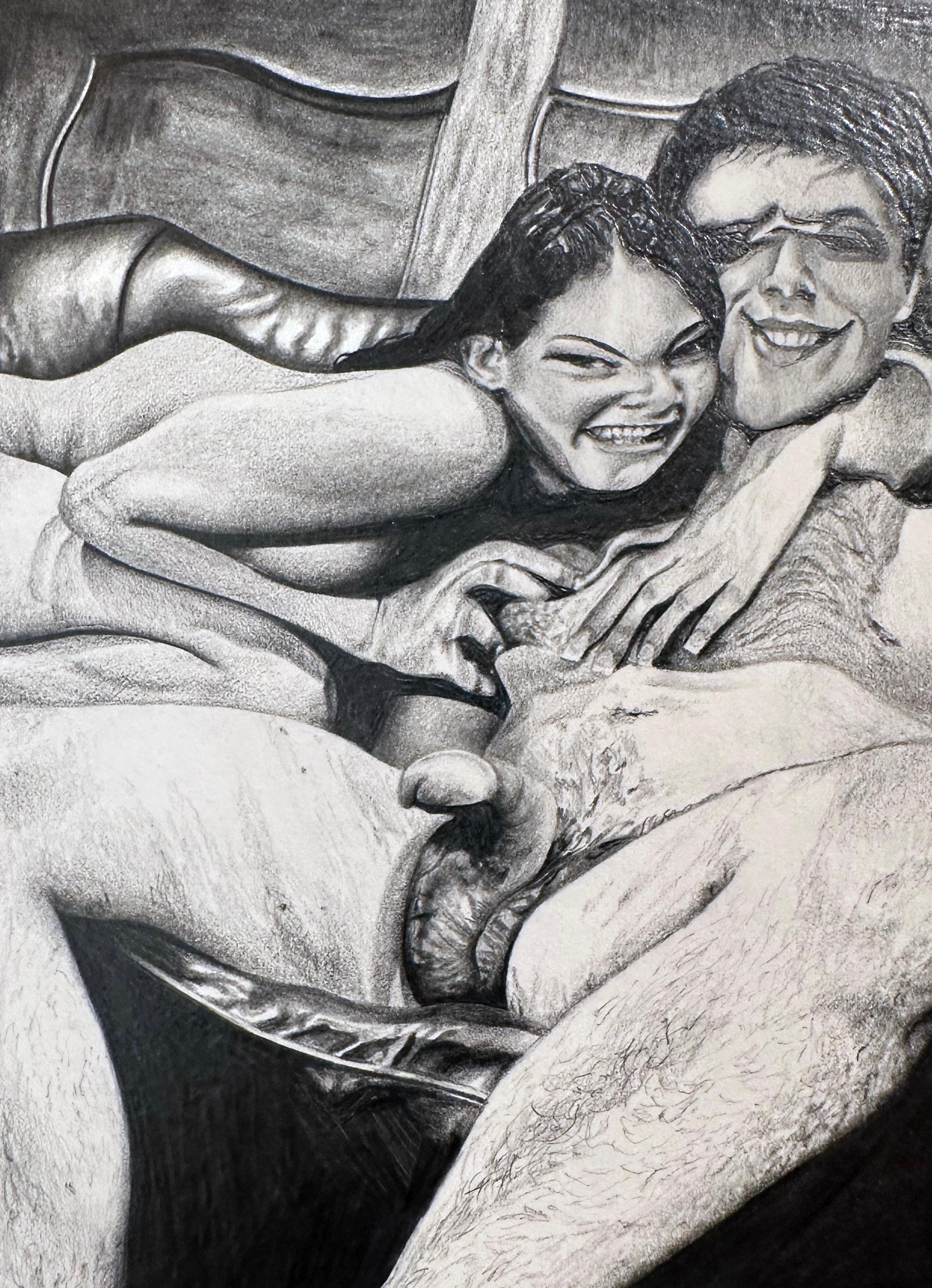 Hitchhike - Distorted Drawing of Male and Female Nude Figures, Framed - Black Figurative Art by Jane Birch