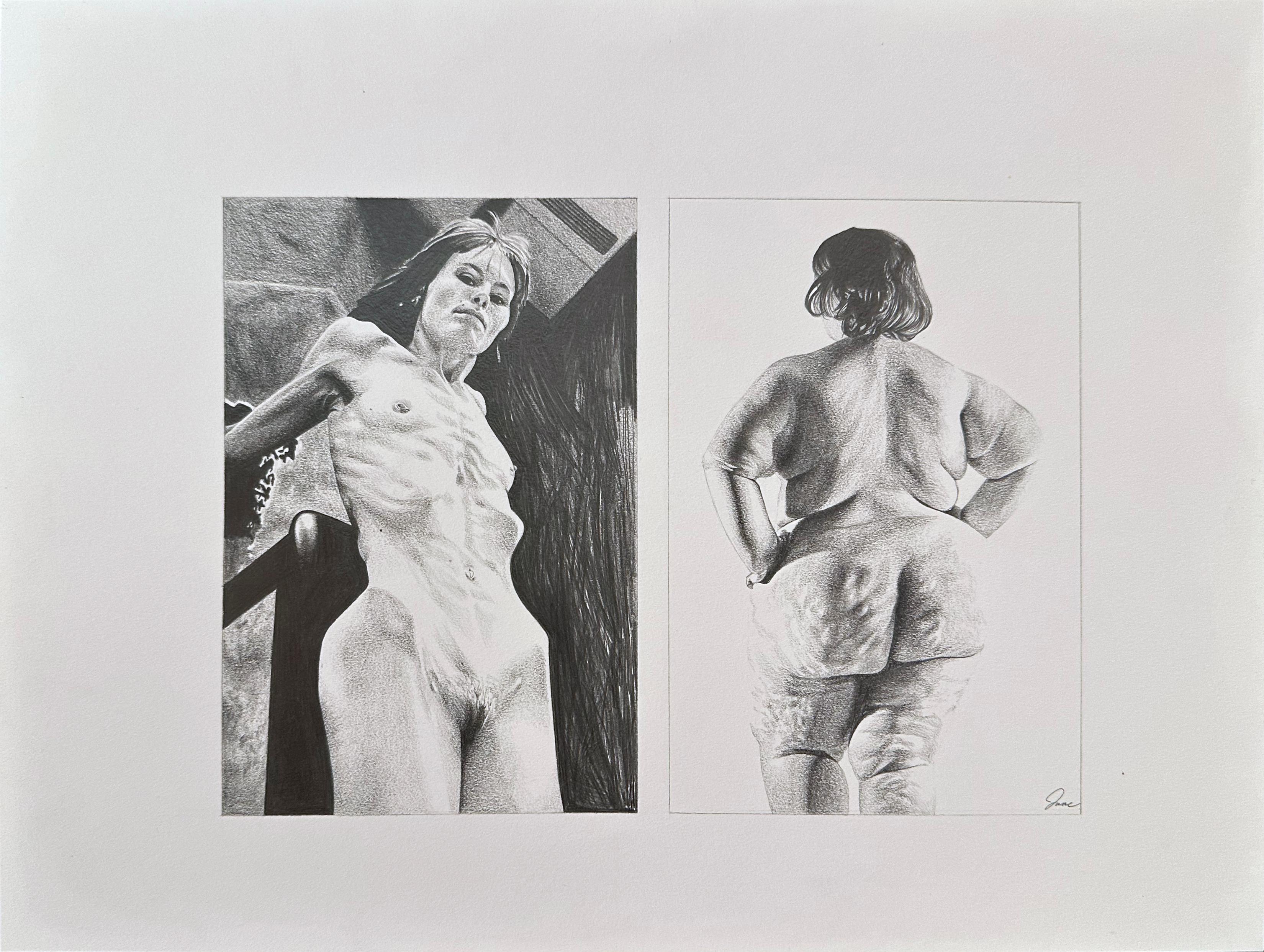 Study, Graphite Drawing of Female Nude Figures, Framed - Contemporary Art by Jane Birch