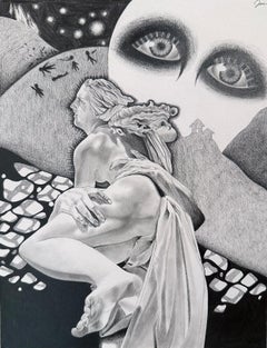 Sans titre, dessin au graphite d'une figure nue et d'une image céleste, encadré
