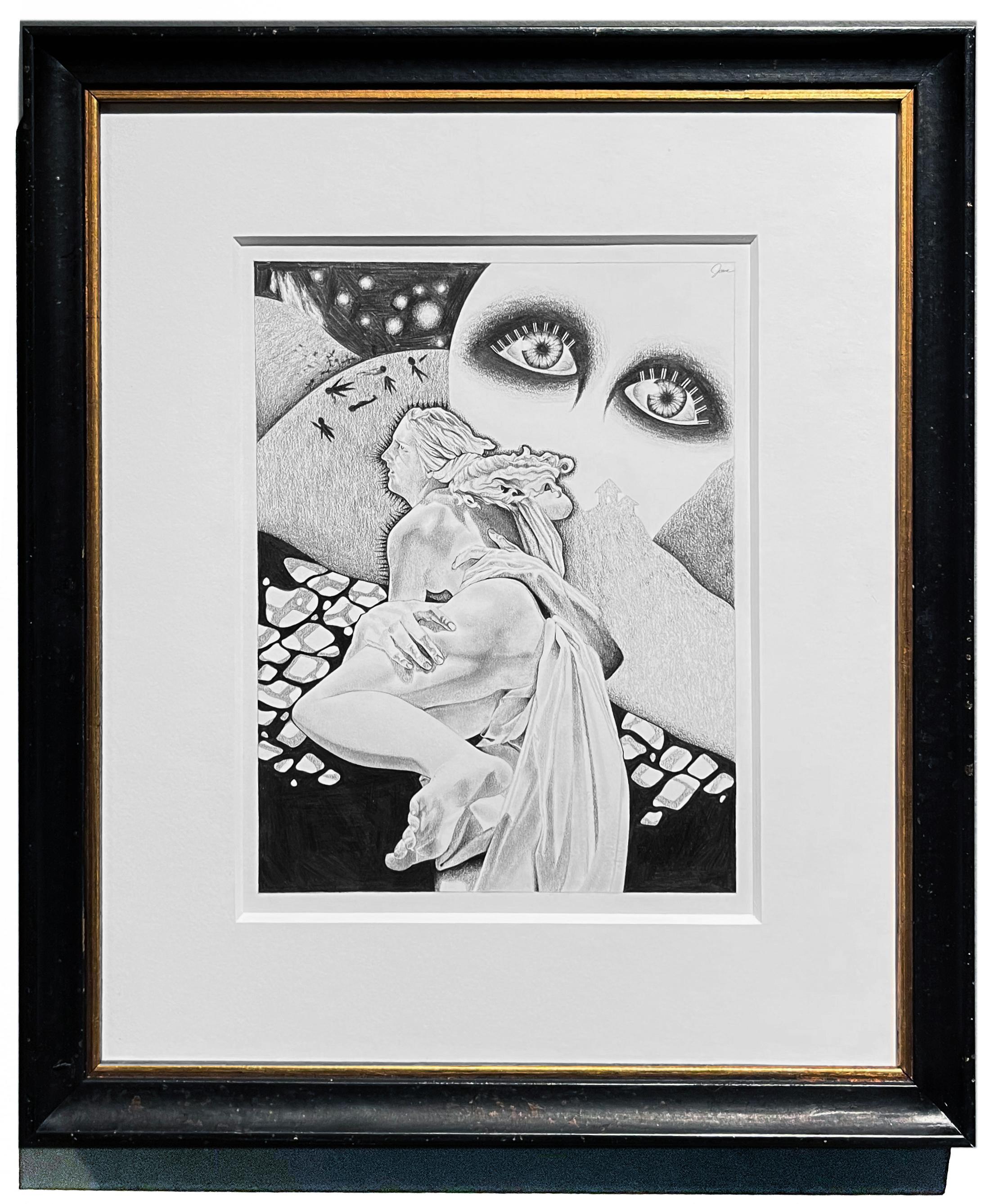 Untitled, Graphite Drawing of Nude Figure & Celestial Imagery, Framed For Sale 3