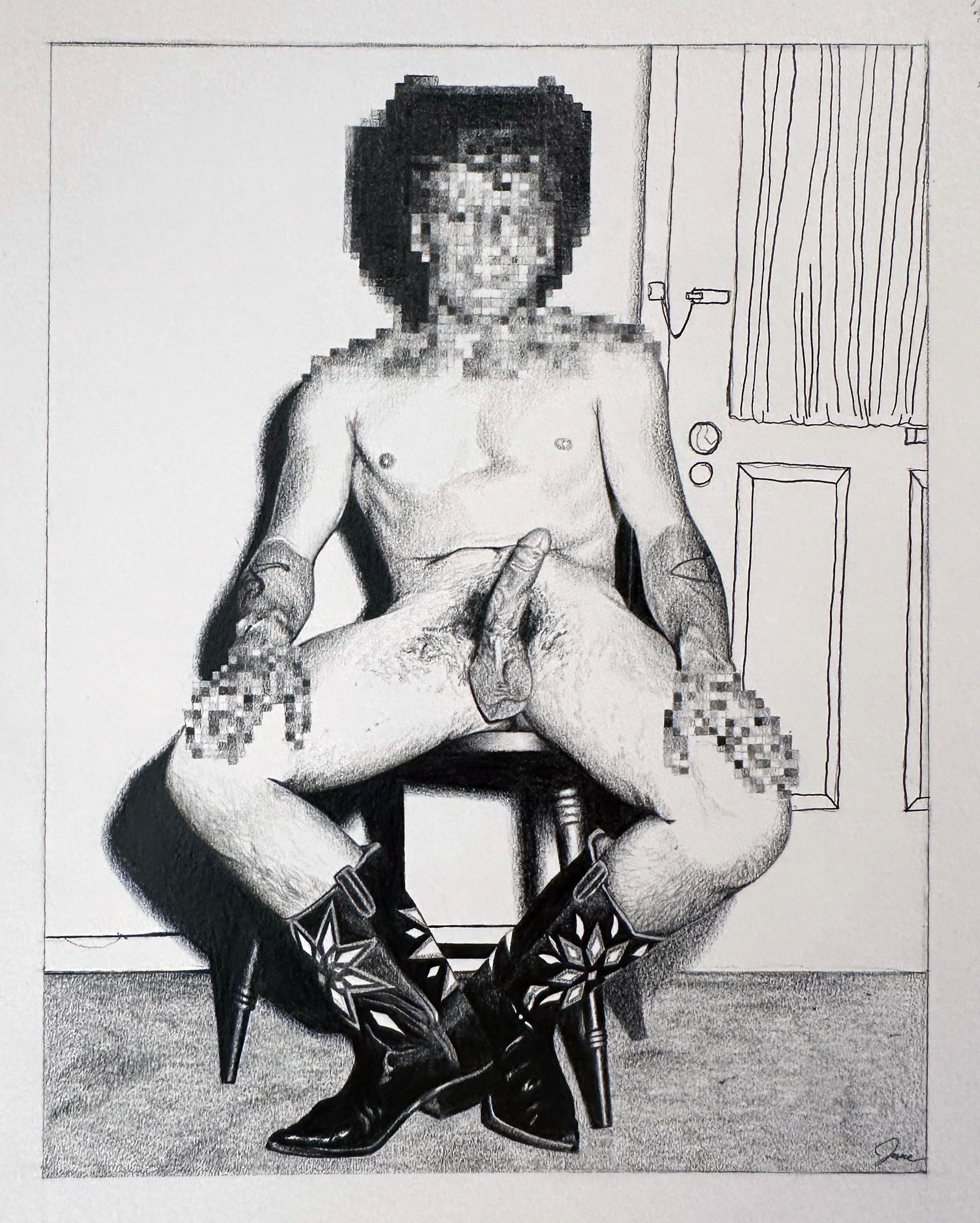 Jane Birch Nude - Outskirts Delivery - Graphite Drawing of Naked Cowboy with Blurred Face & Hands